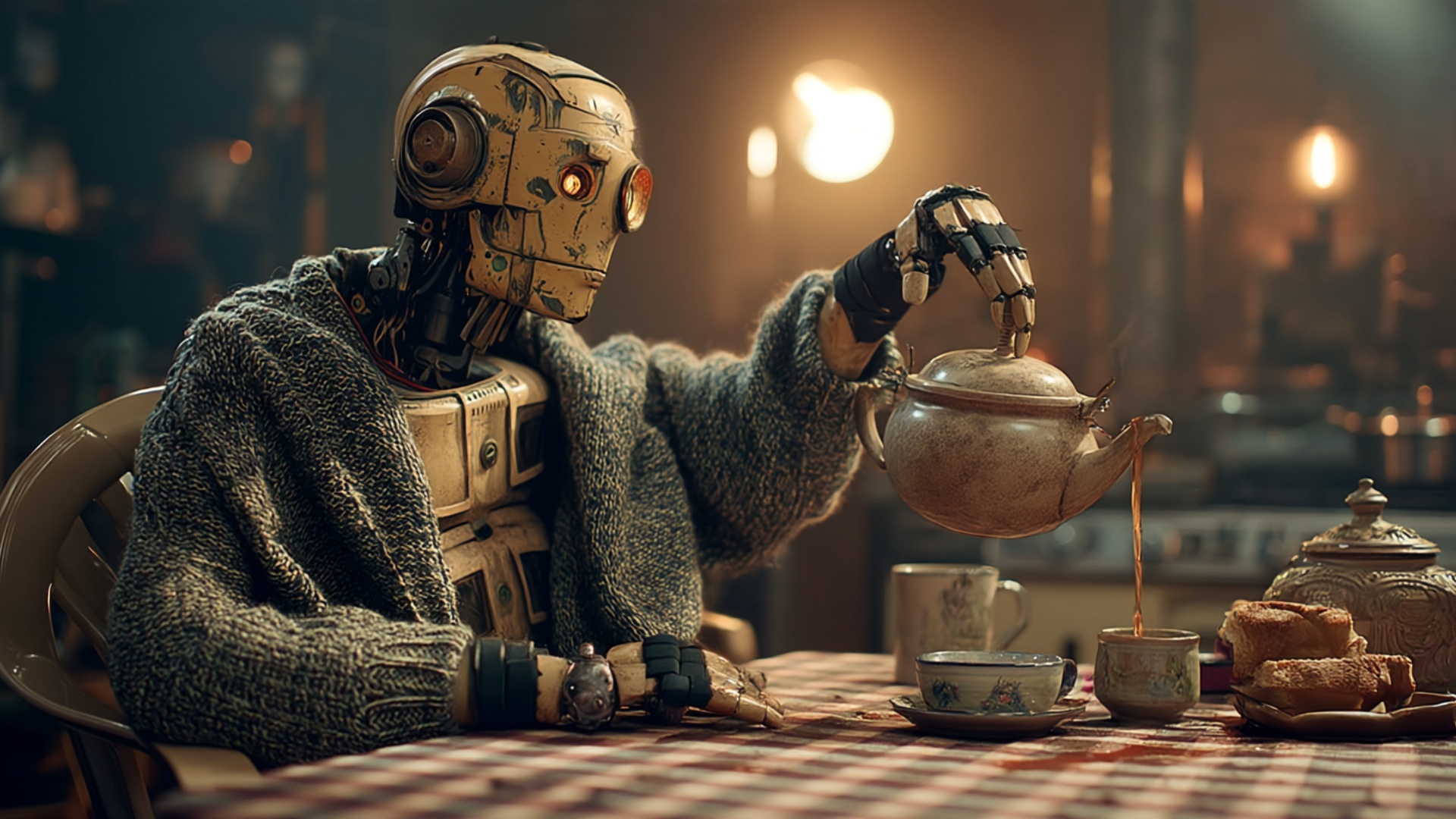 Slow gentle push-in. The old android in the grey knitted cardigan carefully pours tea from the te...