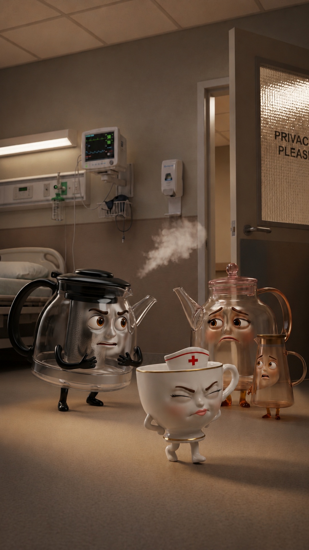 Use the uploaded image as the exact starting frame.

The wife teapot, husband kettle, child pit...