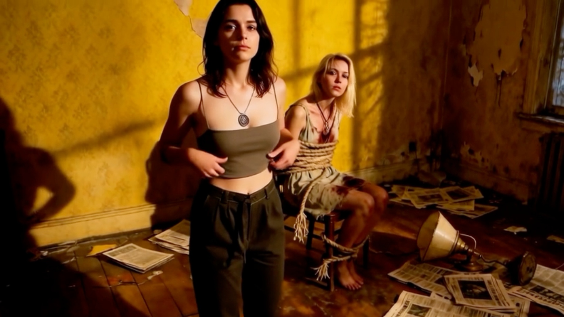 Une femme dominatrice entre dans la pièce, les deux jeunes femmes sont pleines d'appréhension.