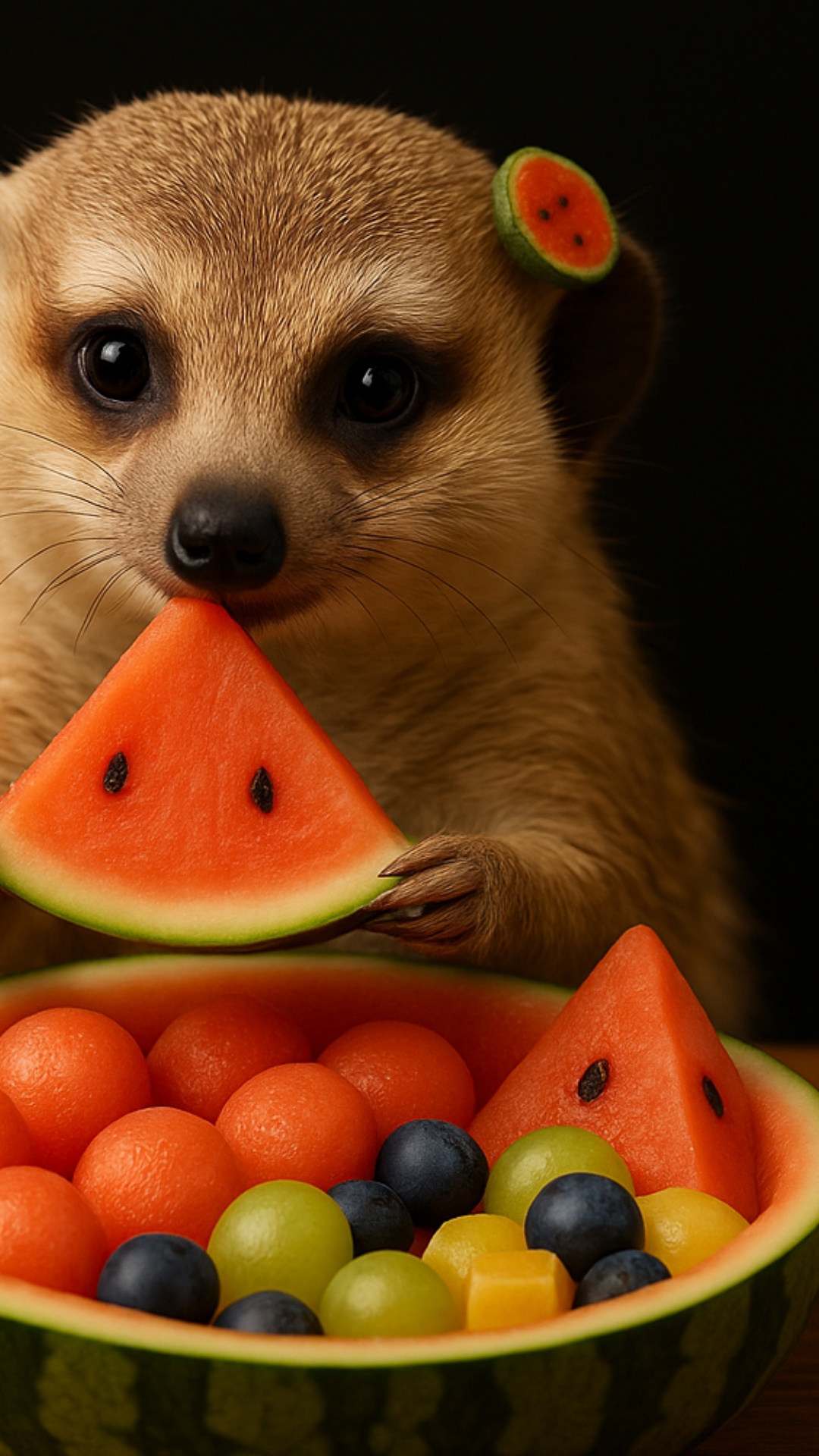 The meerkat is eating a watermelon.