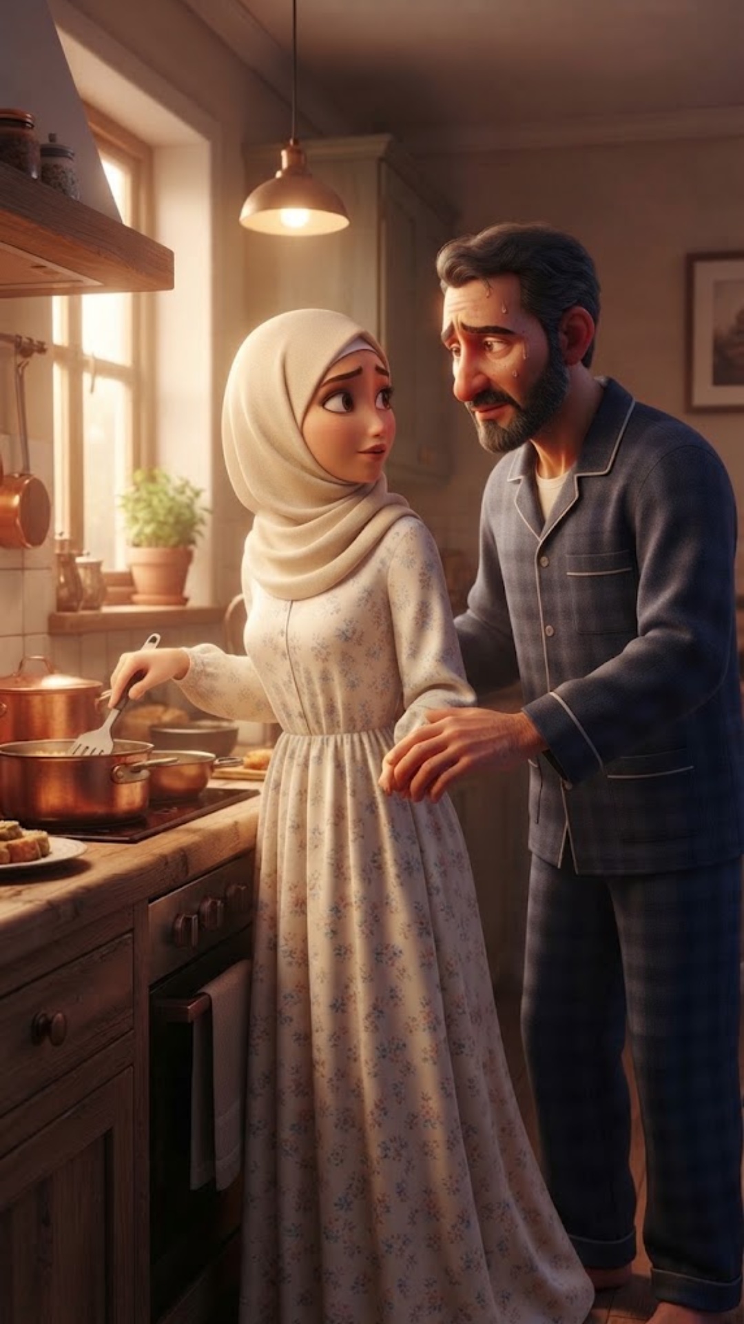Cinematic 3D animation scene continuing in the kitchen. The man in dark blue pajamas stands silen...