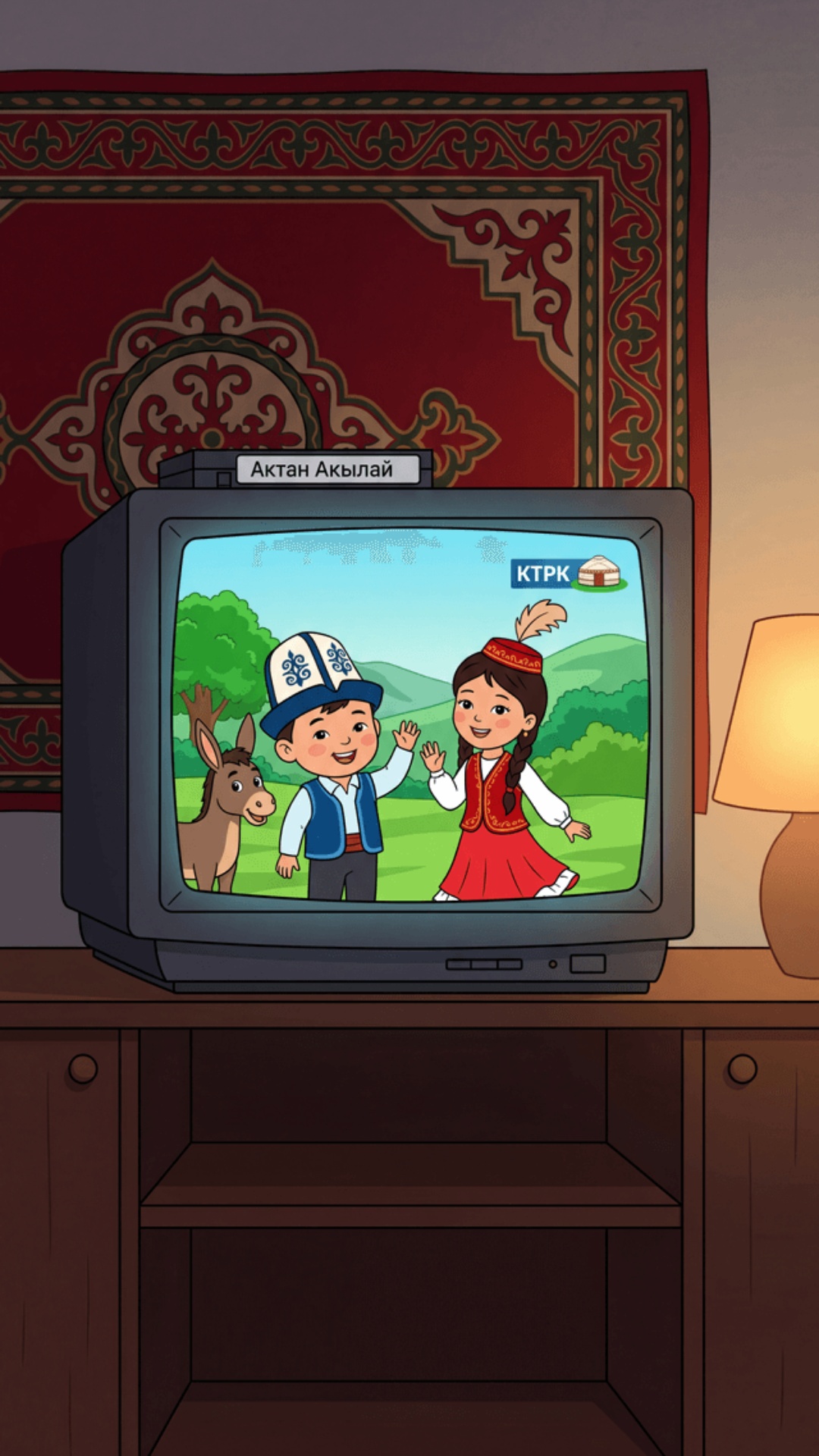 A 2D animated scene in the style of a 2000s Kyrgyz children's cartoon.

Setting:
Interior of a...