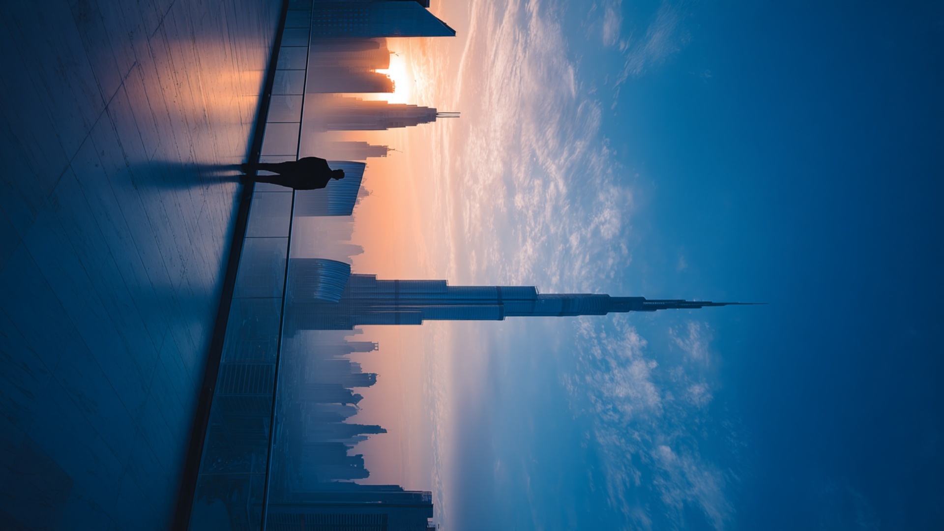 A man stands still on a high futuristic skyscraper balcony at sunset, overlooking Dubai city skyl...