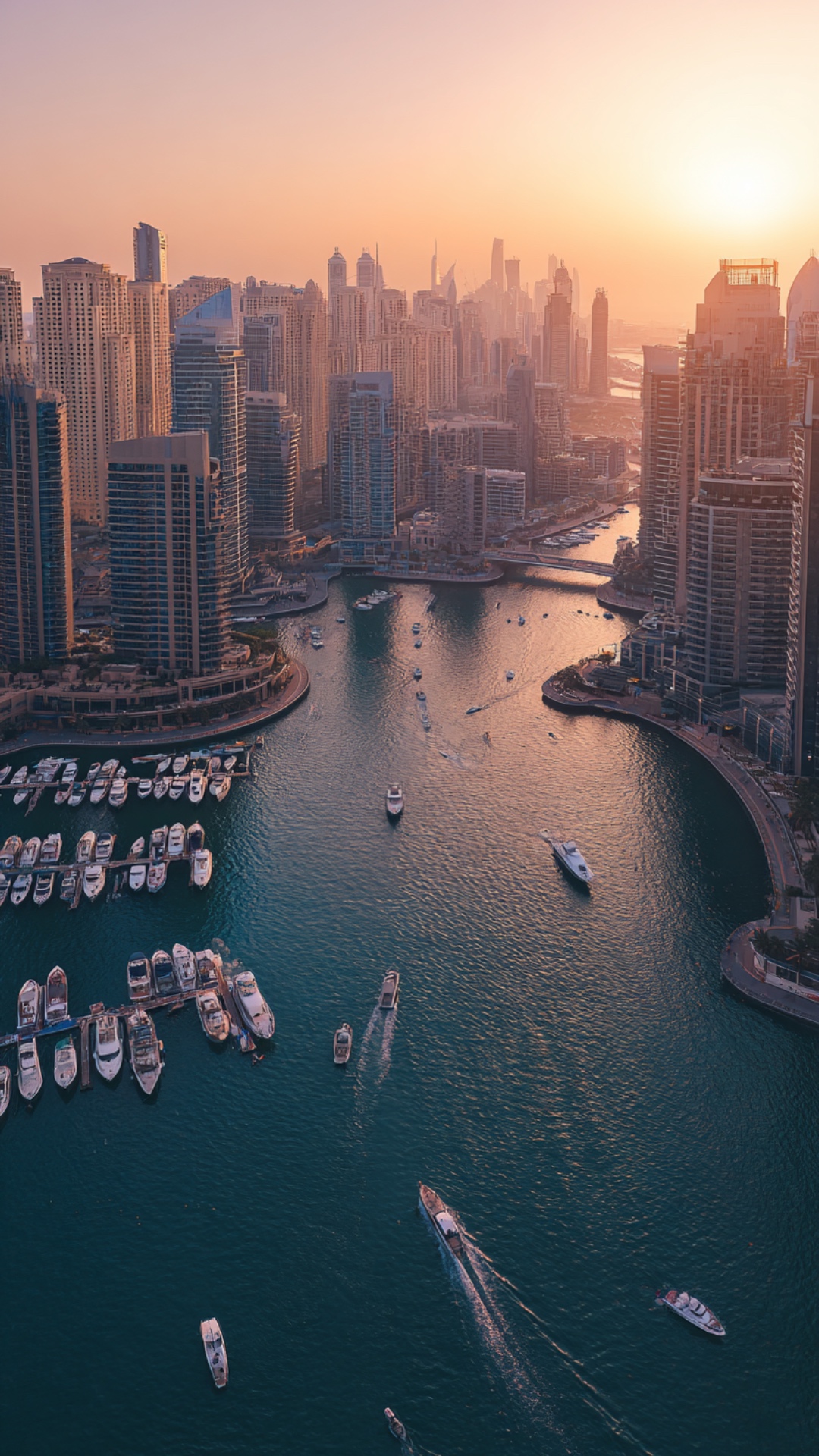 Cinematic aerial shot of Dubai Marina at sunset, yachts slowly moving in the harbor, water reflec...