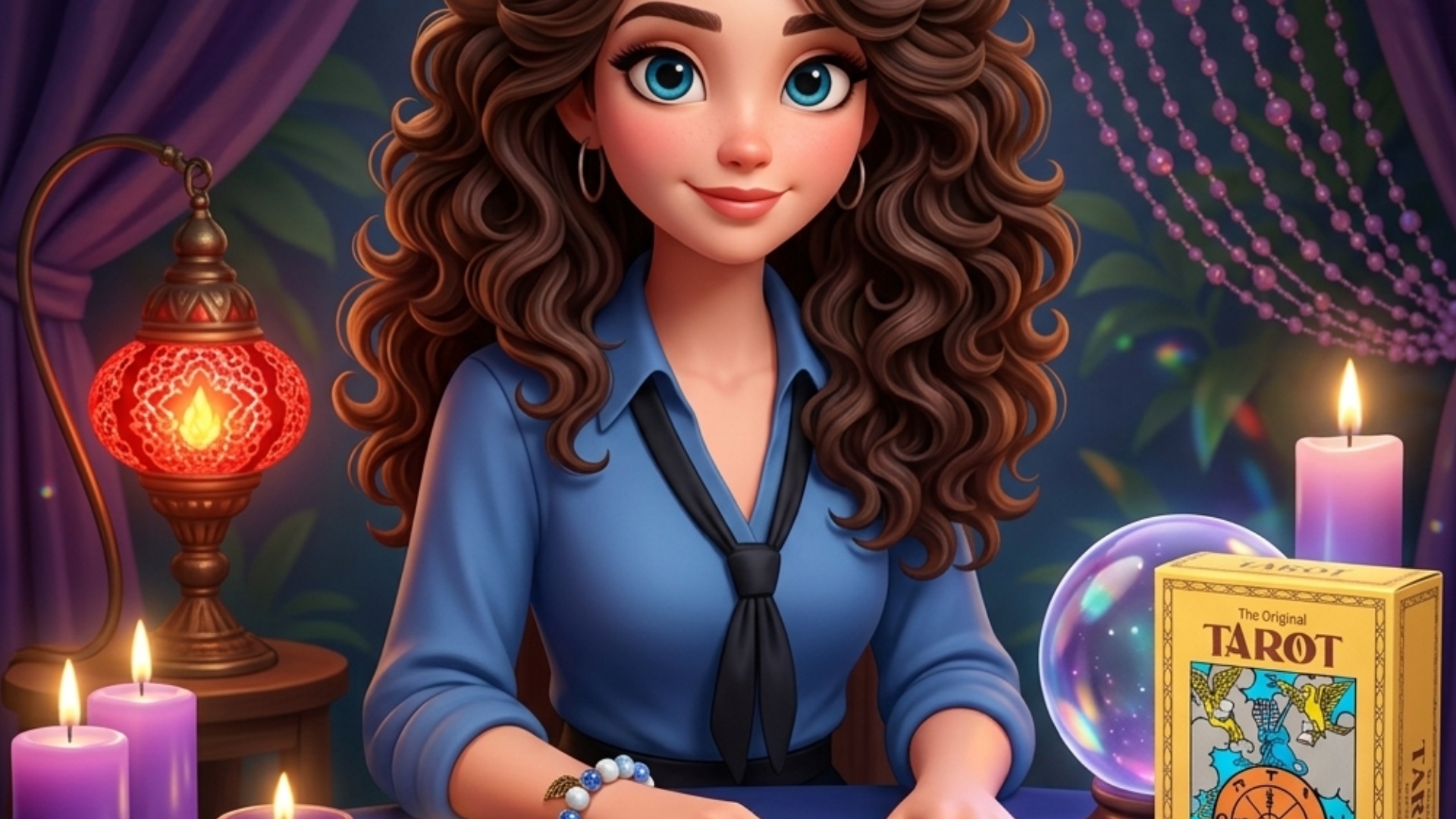 3D animation style, Disney Pixar quality. A beautiful female tarot reader with voluminous curly b...