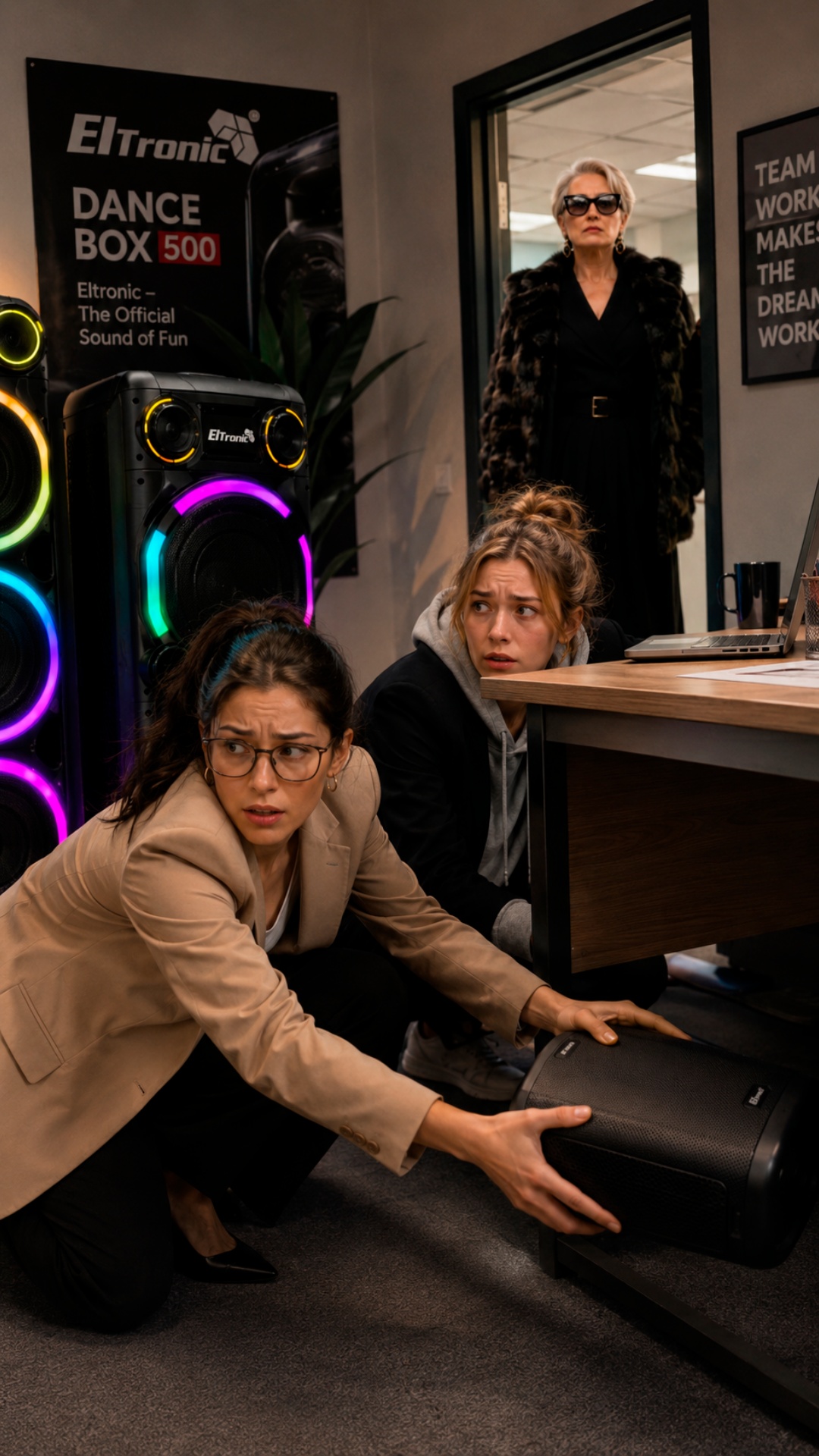 Two frightened employees crouch under the office desk trying to hide a speaker before Amanda noti...