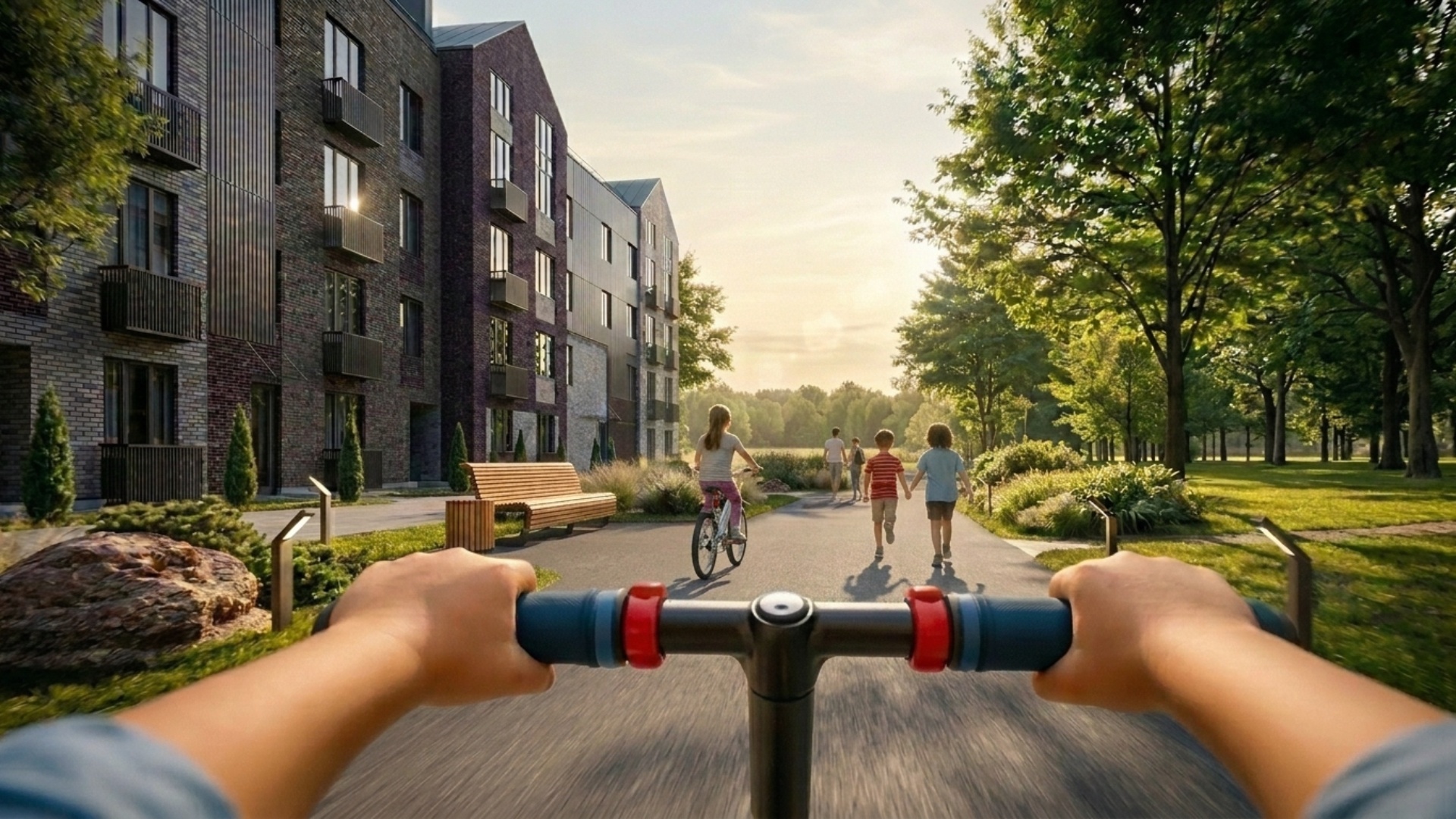 First-person perspective of a child riding a scooter along a sunny residential park pathway. The ...