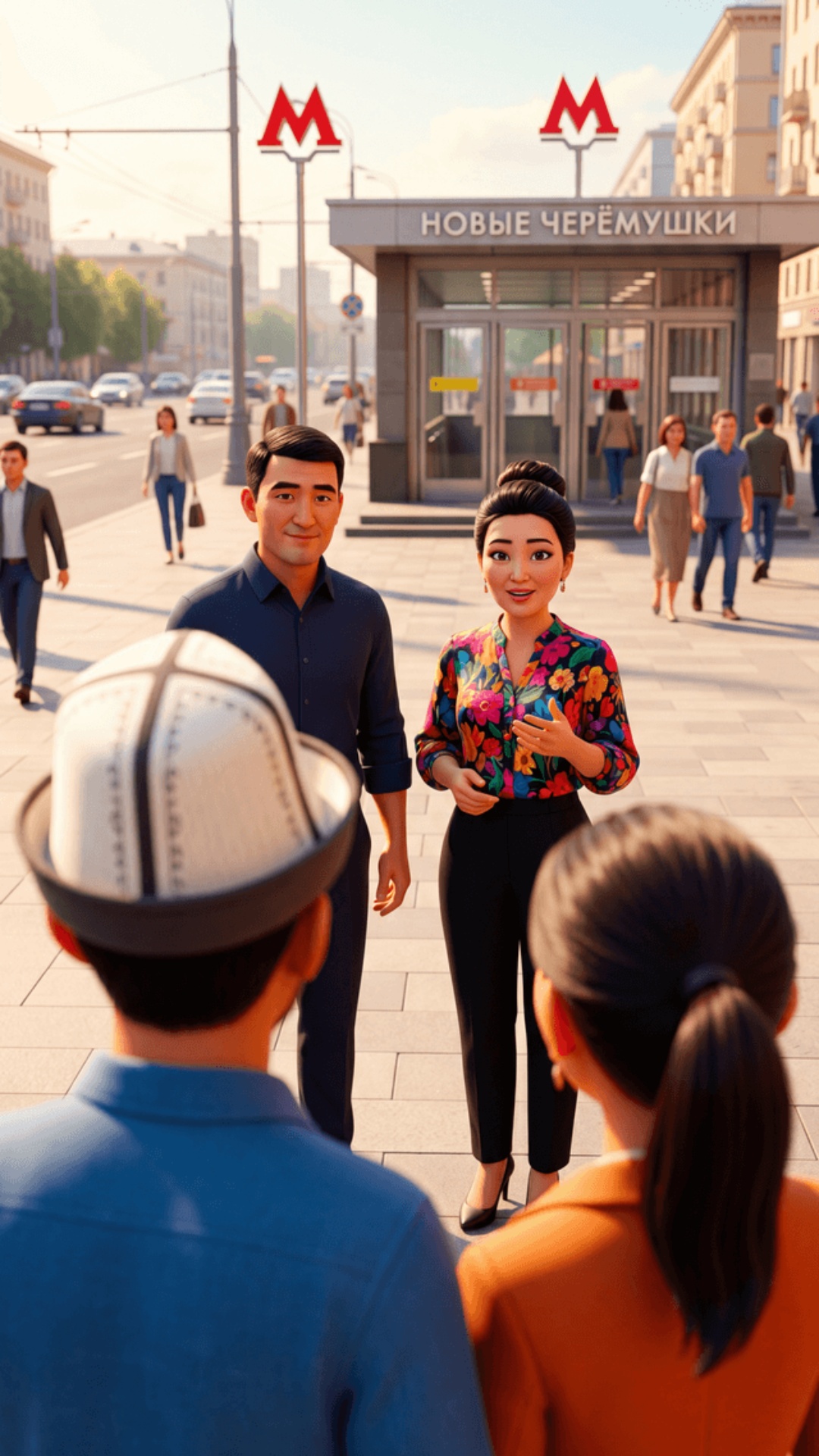 Pixar 3D animation, cinematic realism, vibrant warm colors.
Moscow street, daytime. Metro "НОВЫЕ...