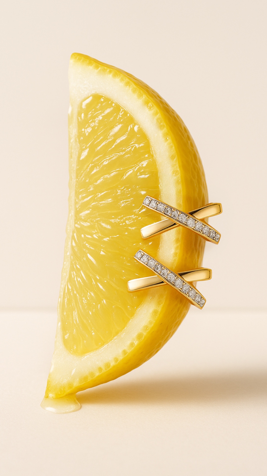 A close-up shot of a juicy lemon wedge with detailed citrus texture and glistening juice drops. T...