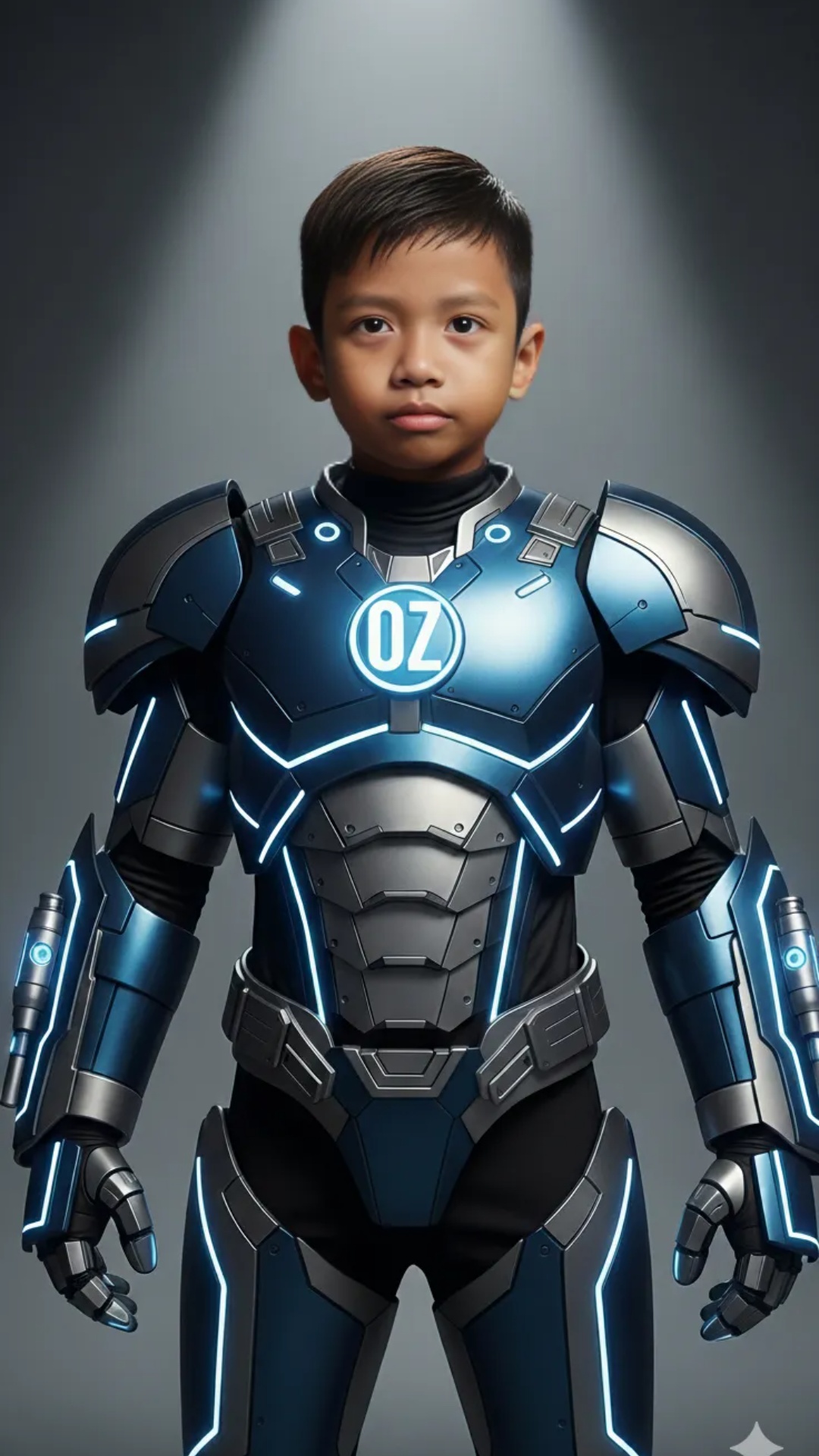"A futuristic child warrior in glowing blue armor performs a 10-second warm-up combat routine. Th...