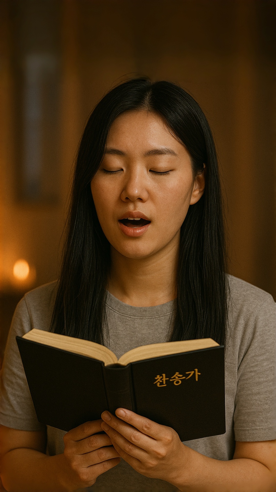Prompt (English):
A Korean woman in her late 20s stands in a softly lit church interior, holding ...