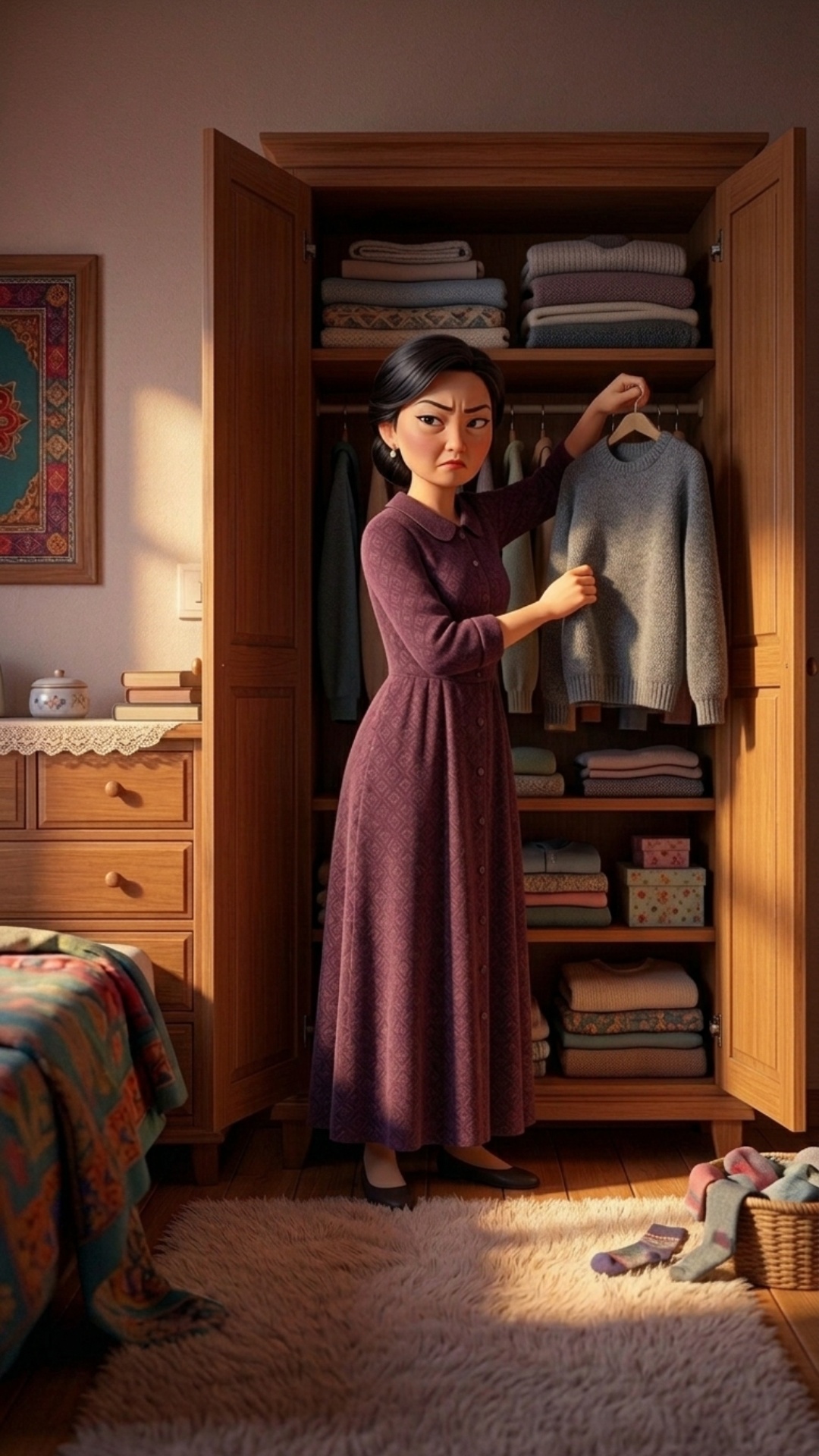 A stylish 3D Pixar-inspired woman is standing in front of a large wardrobe, carefully sorting thr...
