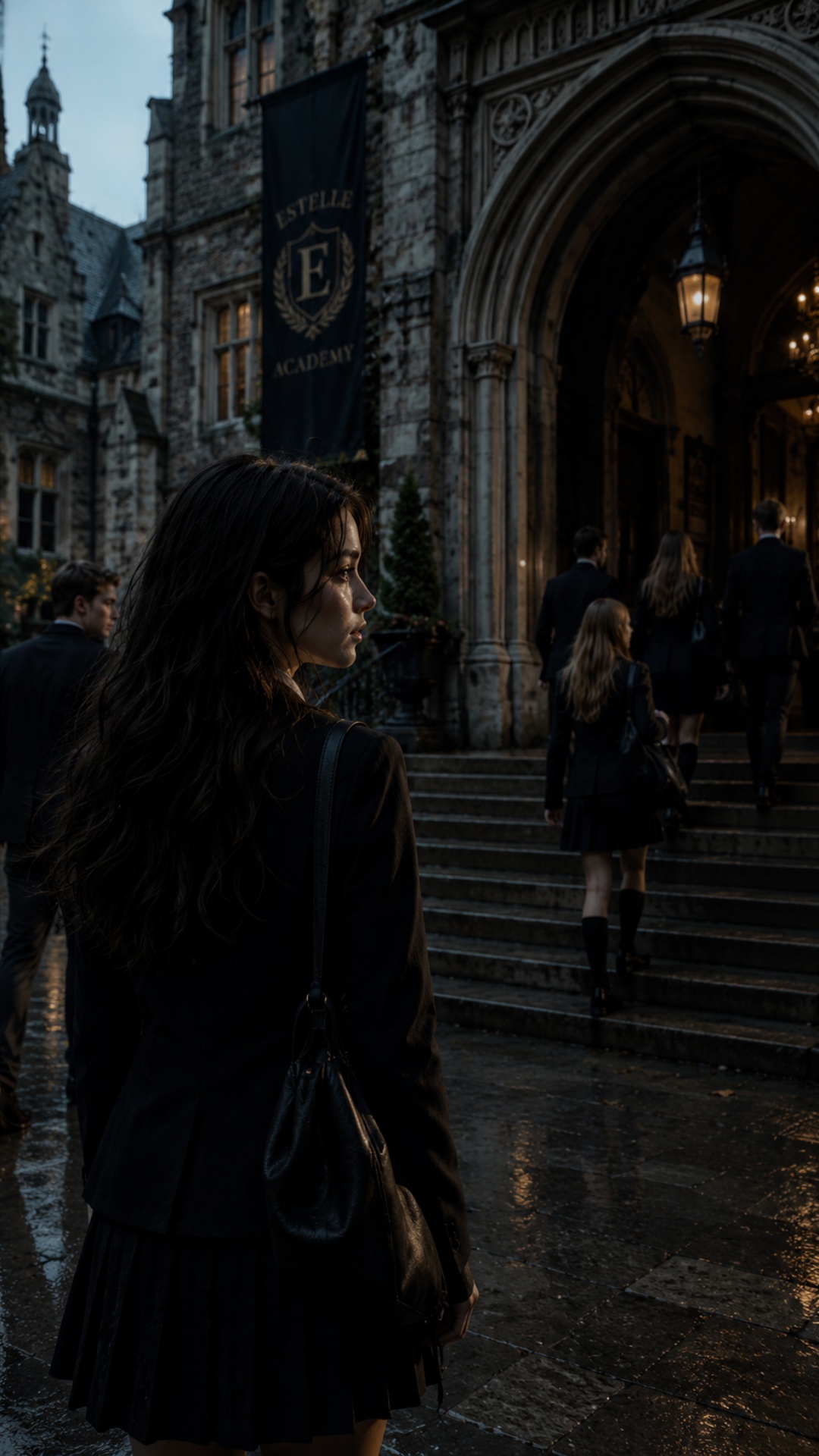 slow cinematic camera movement forward toward Alina, subtle wind in hair and uniform, students sl...