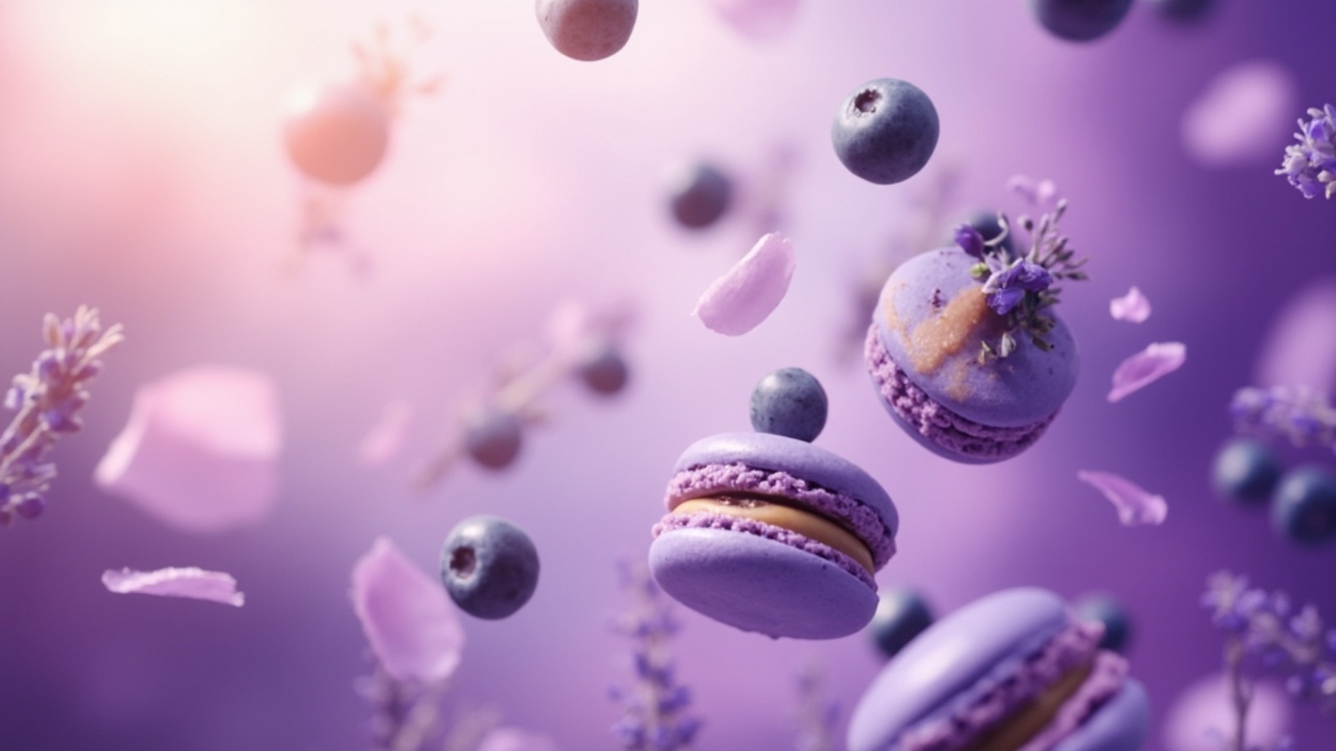 A dreamy slow-motion scene of blueberry-themed French macarons gently floating in mid-air, surrou...