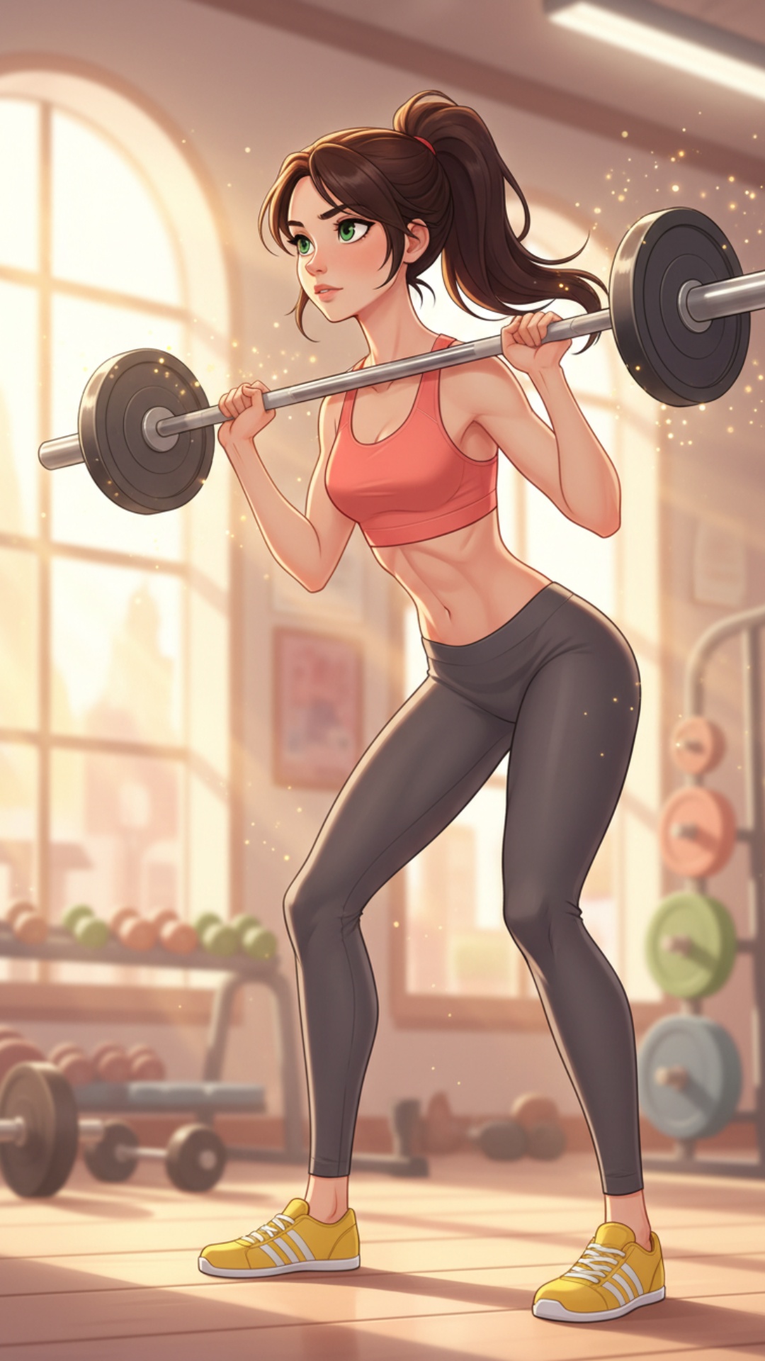Scene: Bright gym with large windows, sun rays casting soft warm light, slightly blurred backgrou...