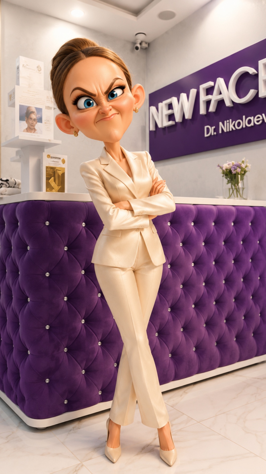A woman enters a premium aesthetic clinic and sits down in a white treatment chair. She looks cal...