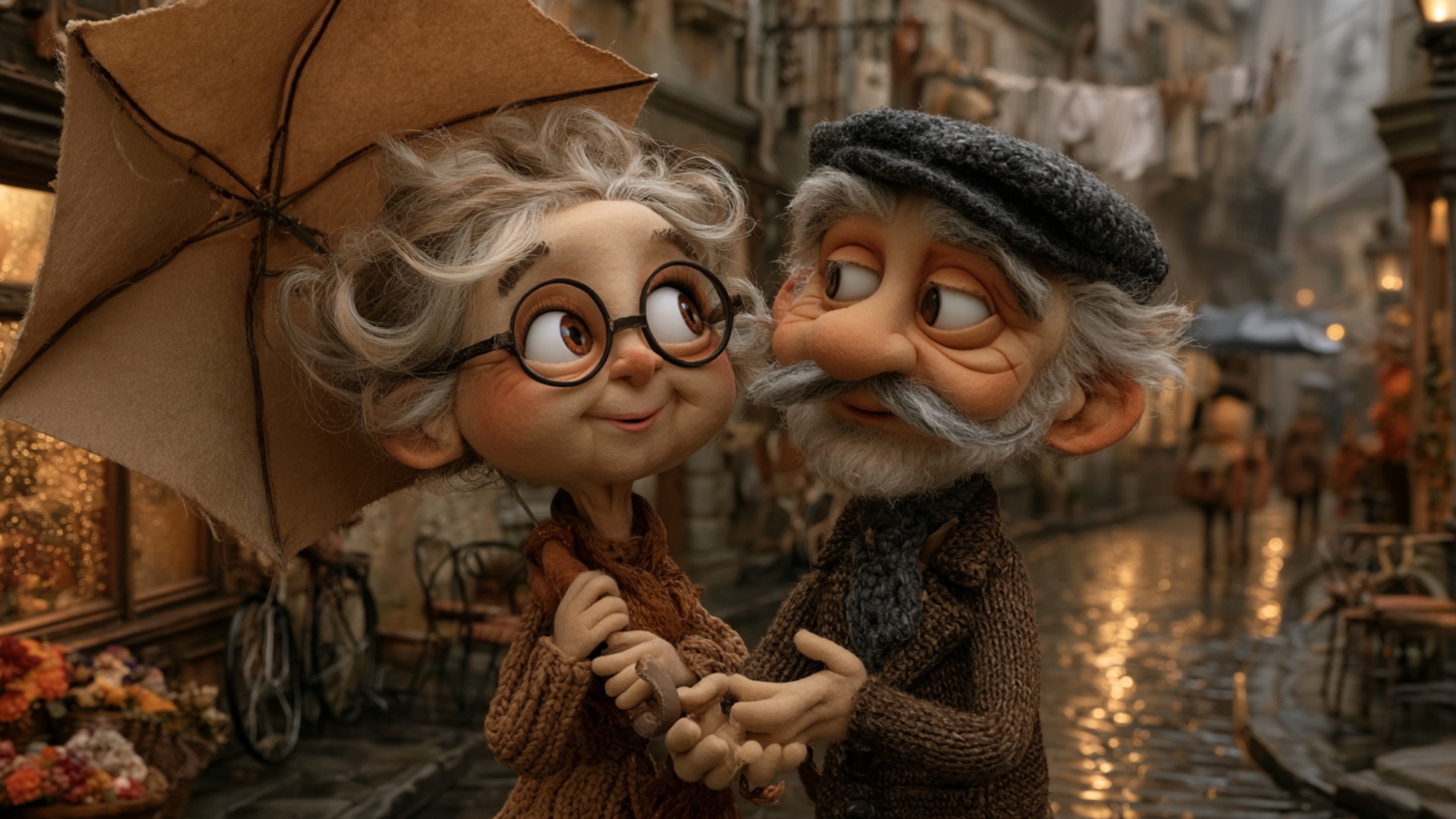 Keep the umbrella and the couple’s existing hand positions completely stable. The man continues t...