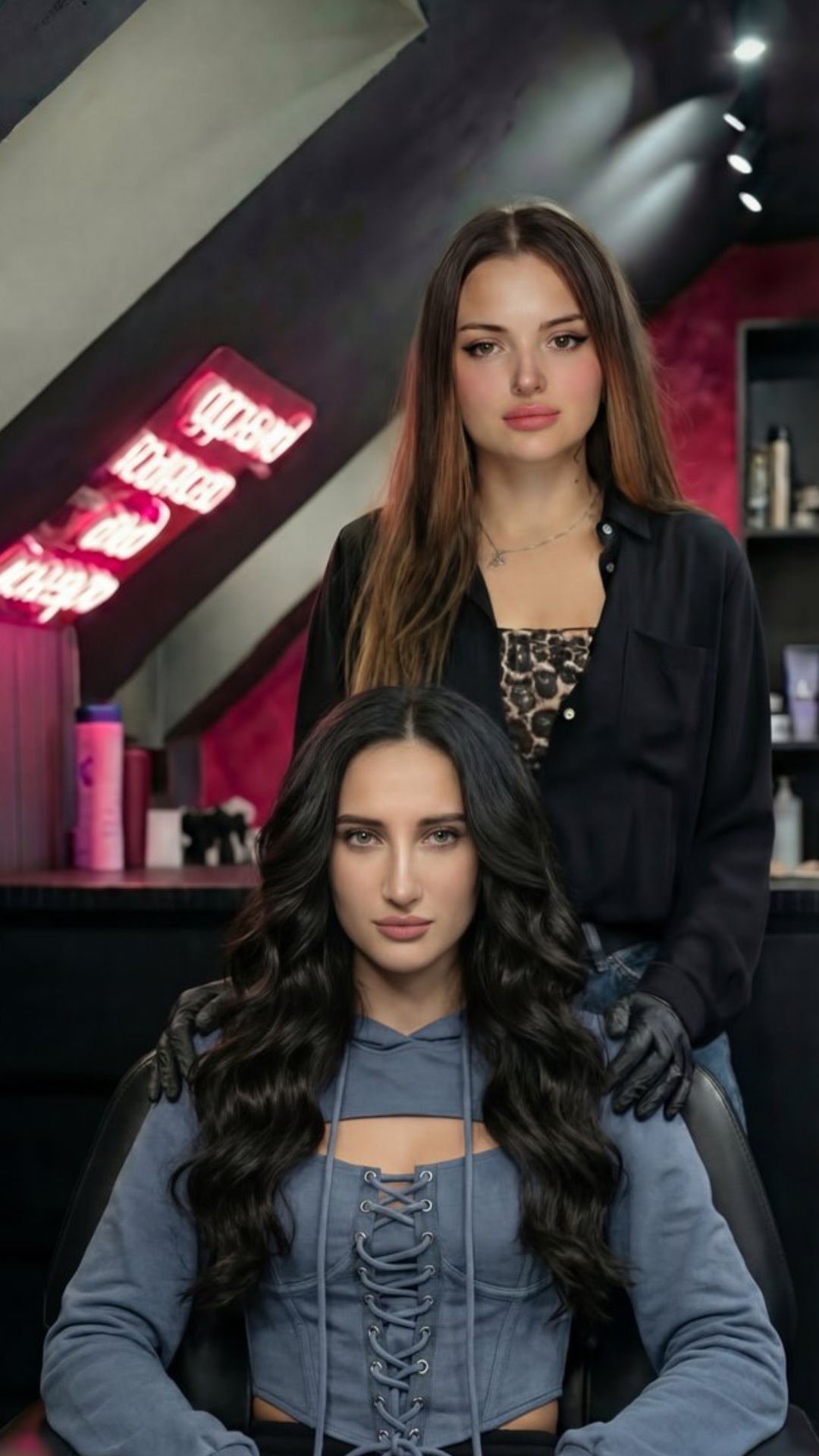 The stylist standing behind acts like a sorceress, raising her hands up. The sitting woman's hair...