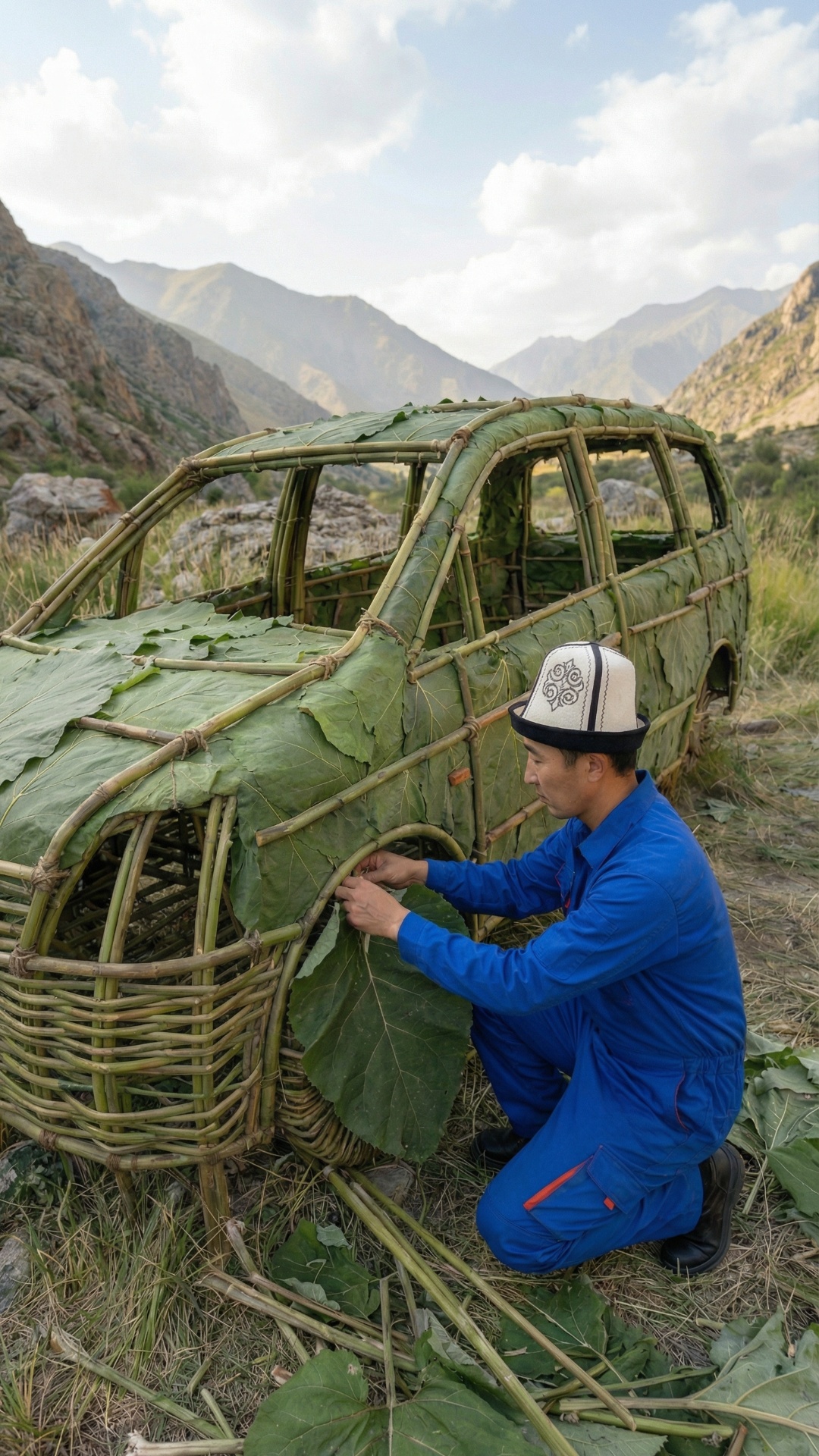 Cinematic documentary scene in a mountain valley: Central Asian man in blue workwear and traditio...