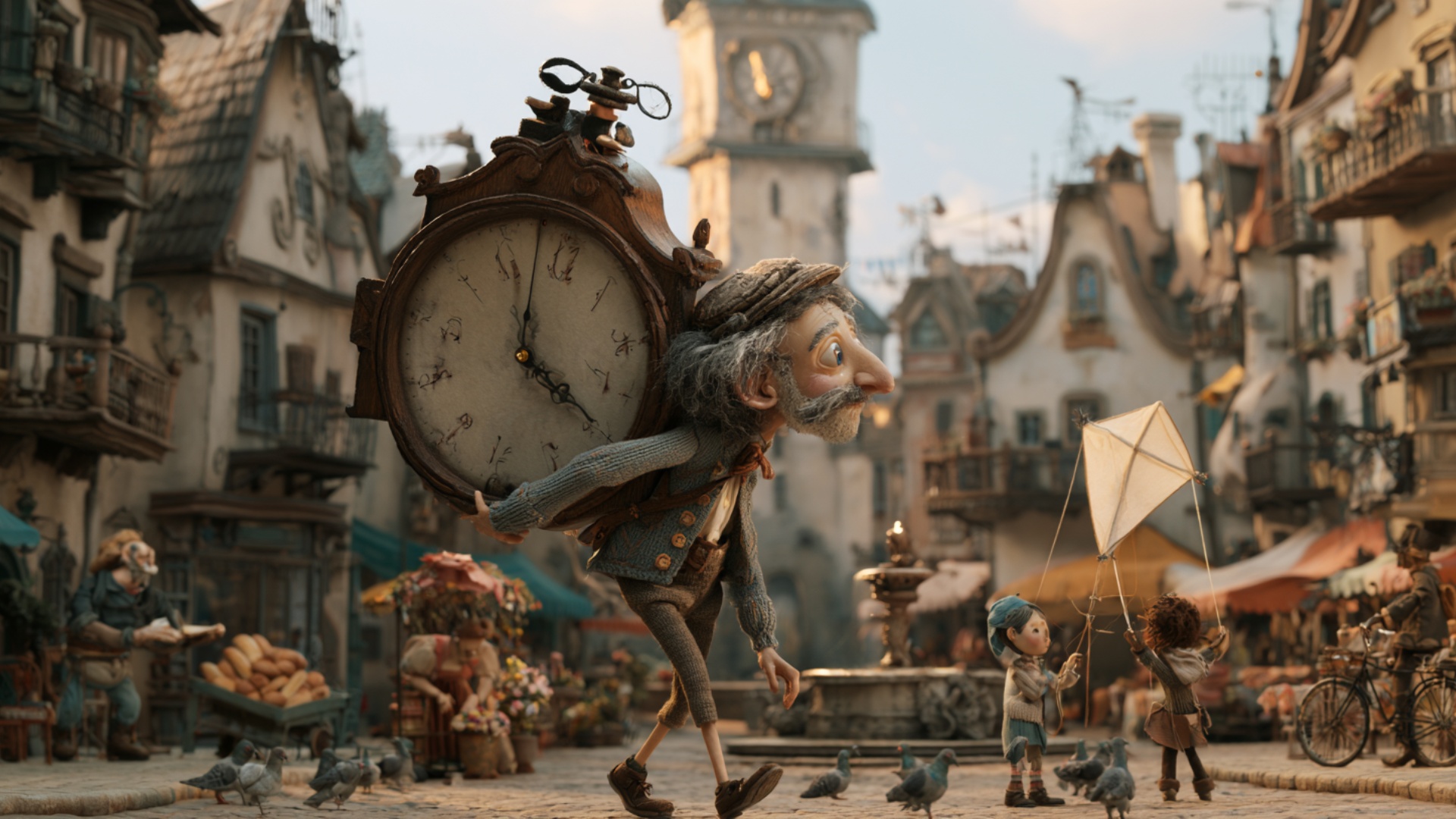 The clockmaker continues from the exact walking pose and takes one slow natural step forward whil...