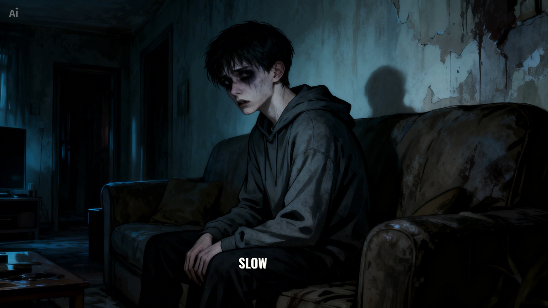 Cinematic static horror shot. SET MOTION SCORE TO 1: The pale, exhausted boy sits completely moti...