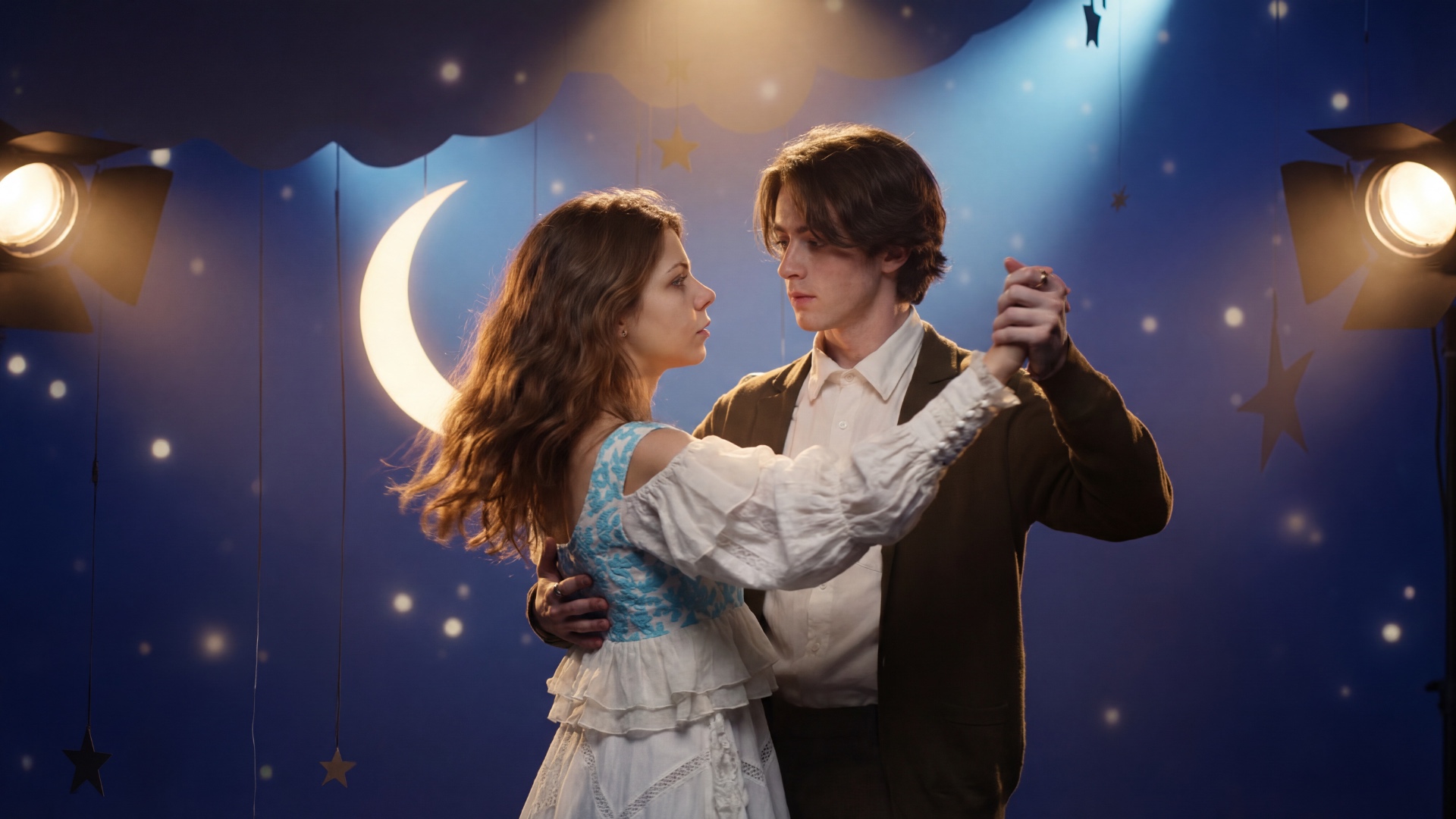 Shot: wide shot of a stage ballroom scene, 3 dancing couples total
Camera: smooth orbit around th...