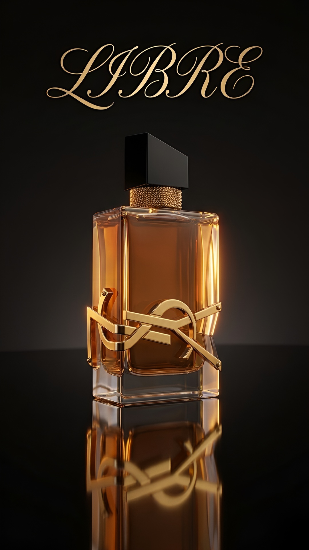 Starting from an extreme macro close-up of the gold YSL logo on the glass, the camera smoothly zo...
