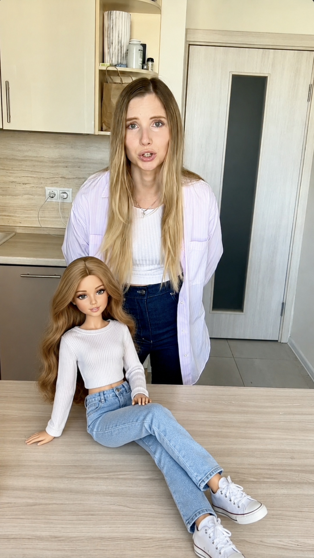 Cinematic shot of a realistic doll sitting still on a table in a bright modern room. The doll app...