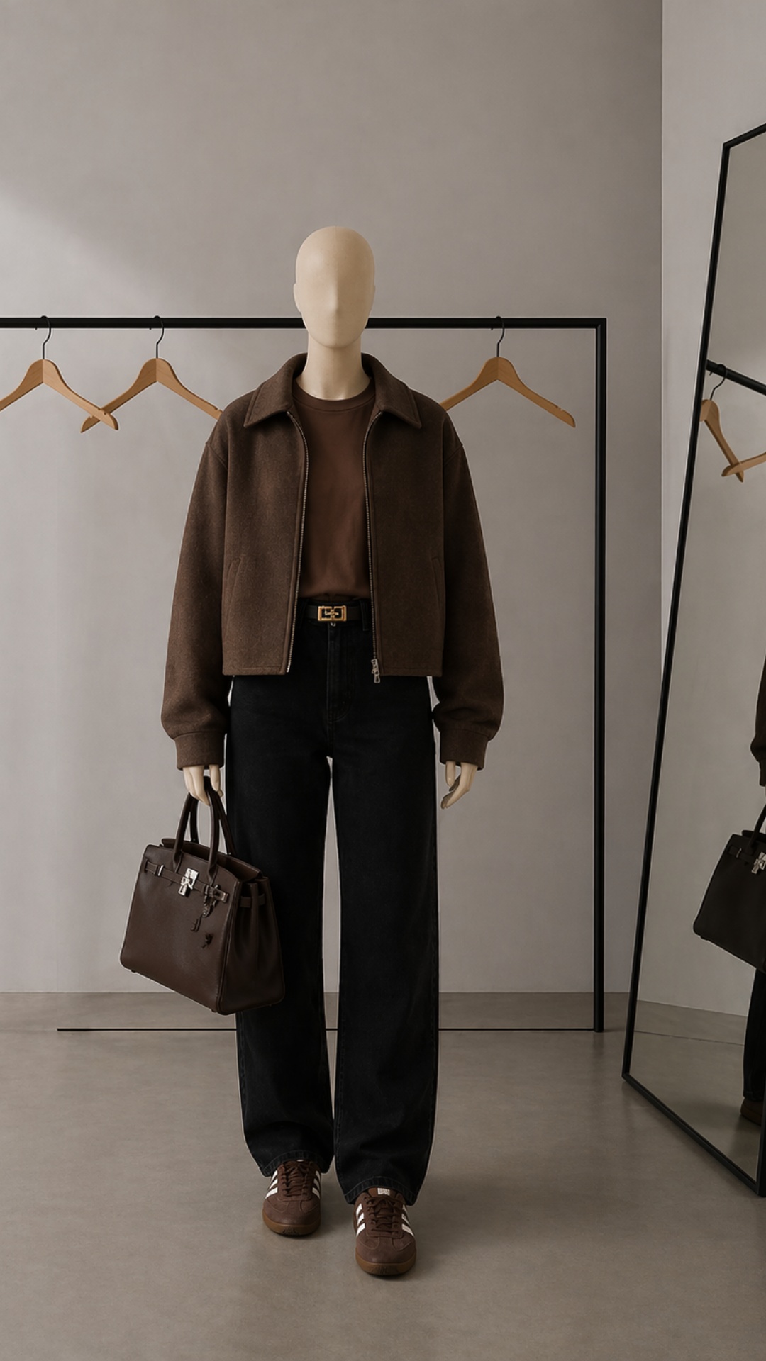 A fully dressed mannequin stands in the center wearing a brown jacket, brown top, dark denim jean...