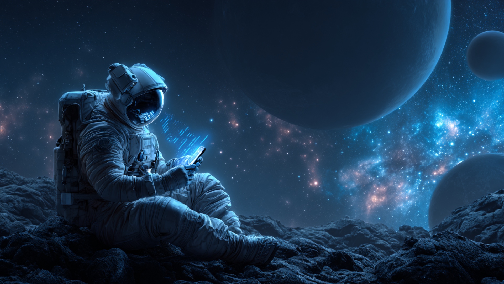 in the silence of deep space, an astronaut sits on a rocky surface, gently hovering weightless be...