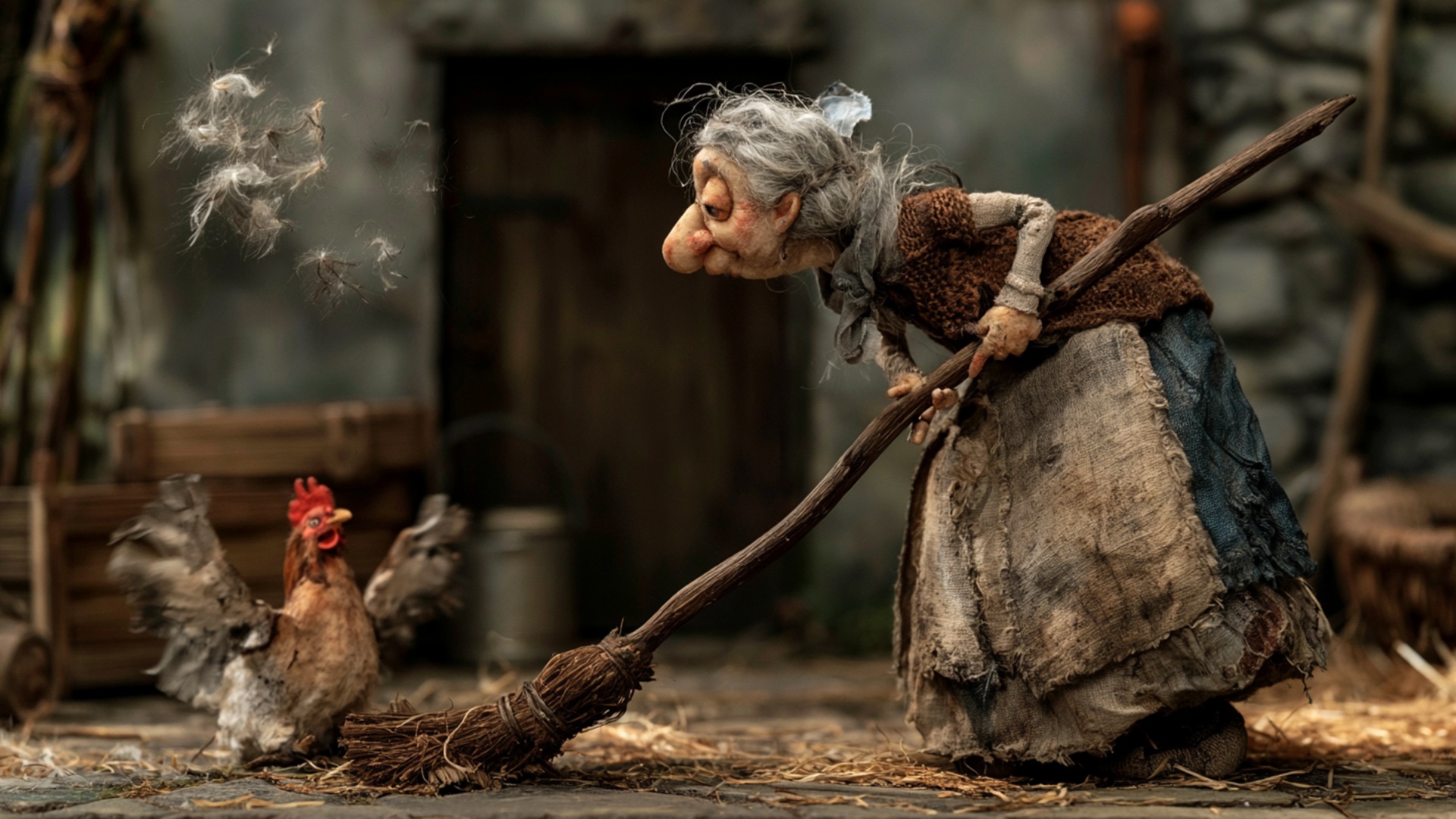 The woman sweeps the straw continuously across the yard in two broad, clear broom strokes during ...