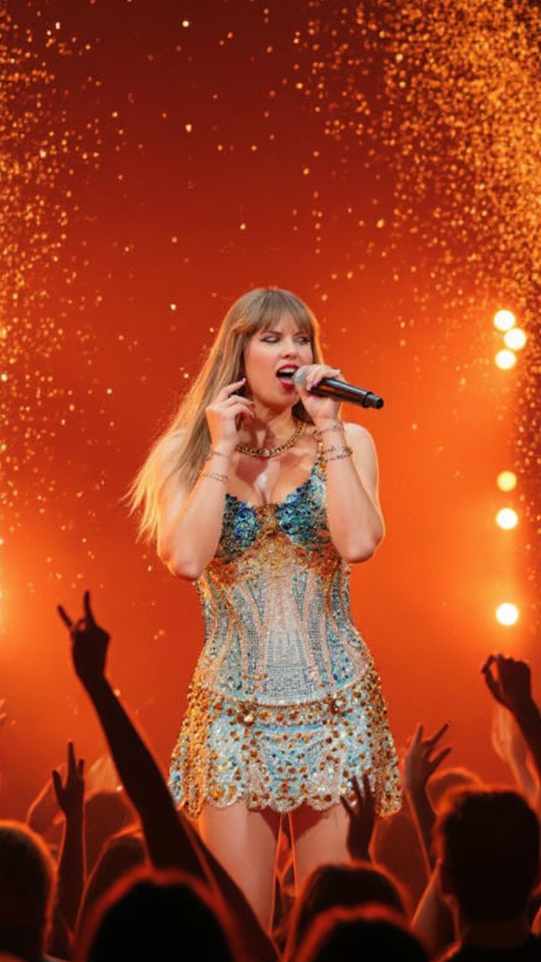 A wide concert shot of the girl from the provided photo, standing on stage and singing passionate...