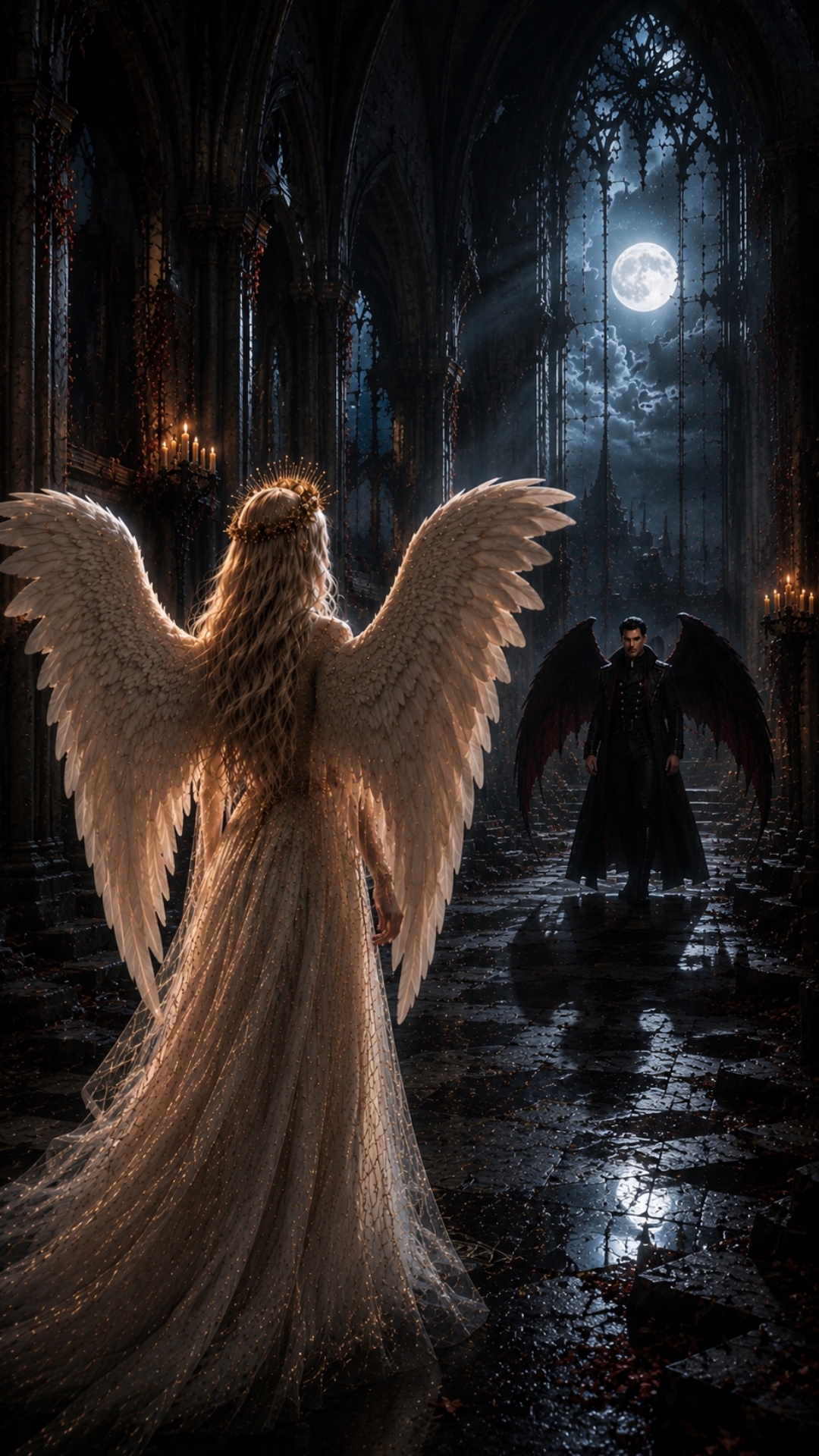 Use reference characters.

Viki enters a ruined cathedral under moonlight. At the far end of the ...