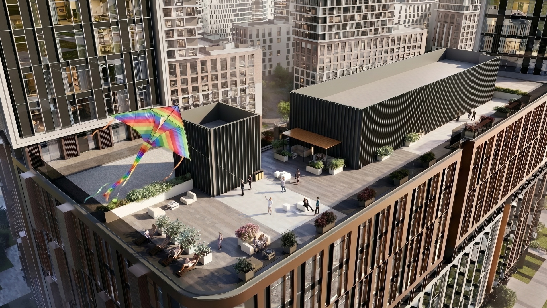A modern residential rooftop terrace in a city. The camera slowly pulls back and slightly rises, ...