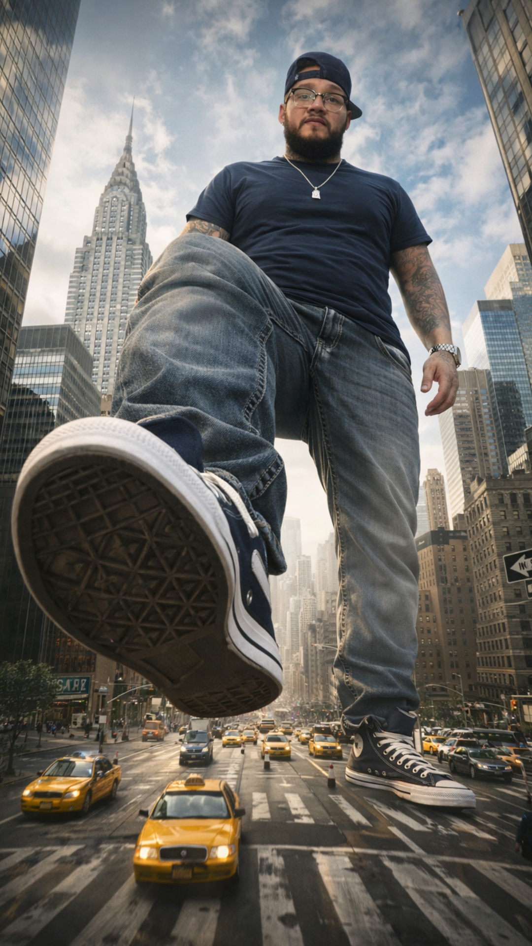 Subject: Giant male wearing a blue hat, glasses, silver chain, tattoos covering his arms, blue je...