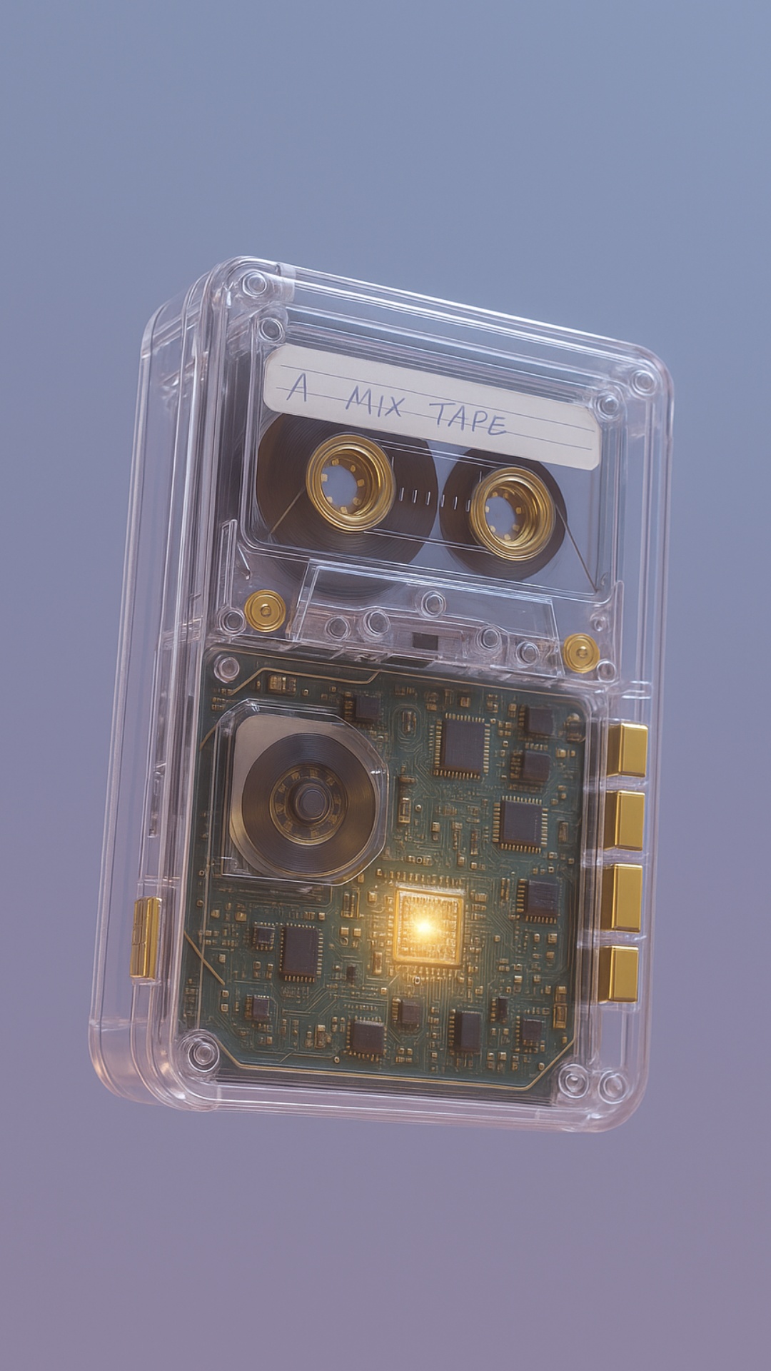 Slow cinematic rotation of a transparent cassette player floating in mid-air. The camera glides p...