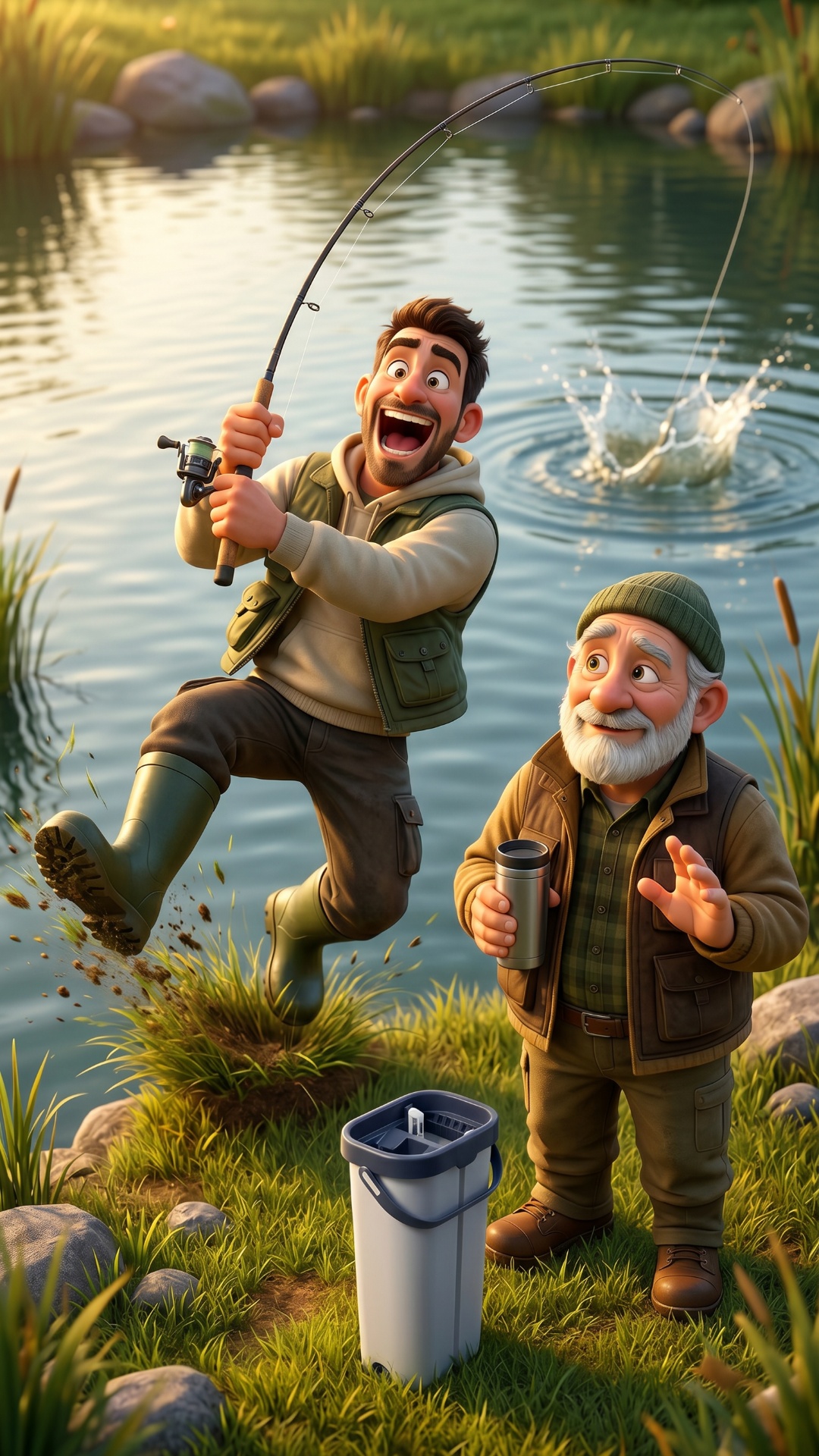 Father suddenly jumps up excitedly pulling fishing rod hard upward. Water splashes behind him. Gr...