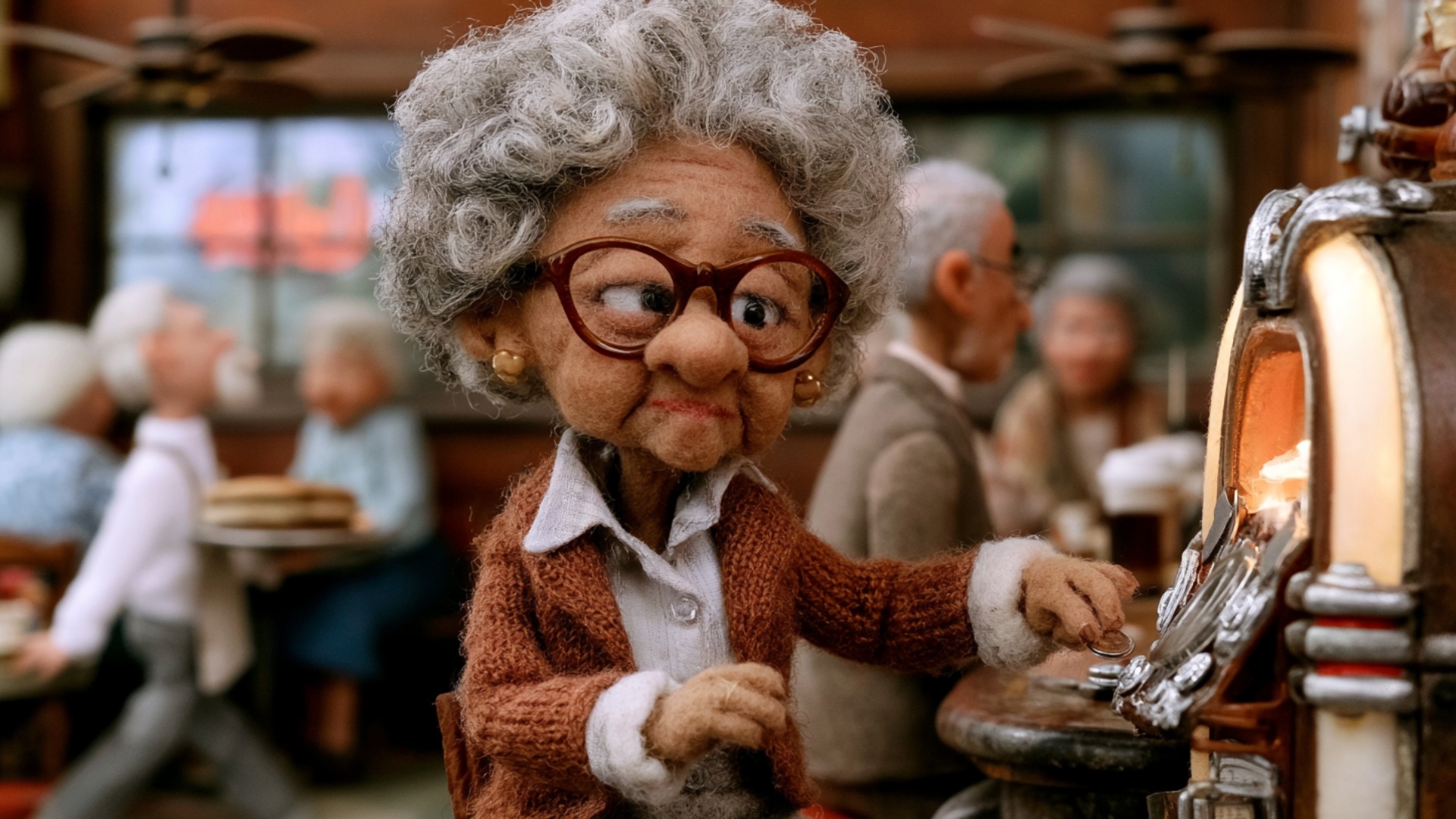 The elderly woman carefully inserts the coin into the jukebox slot, then presses one chrome selec...