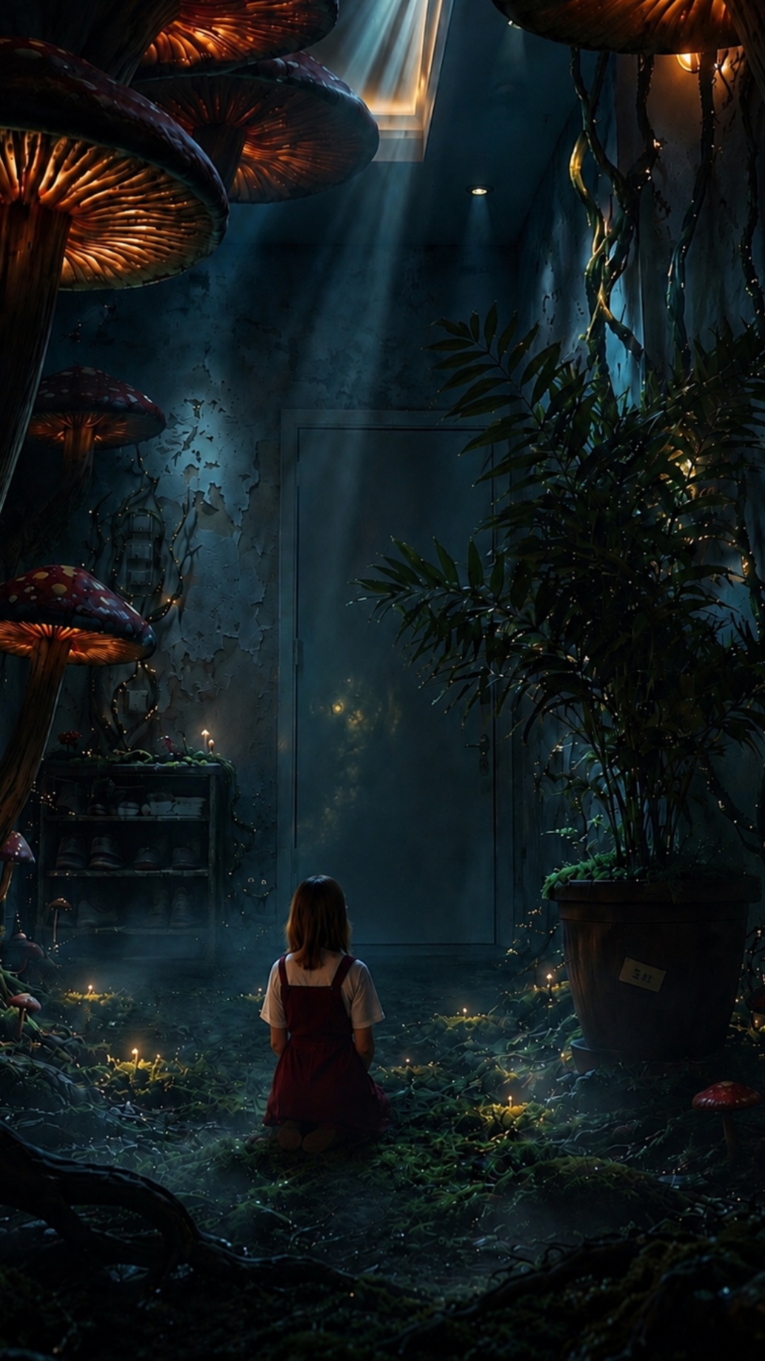 The girl slowly rises from her kneeling position and smoothly stands up.

She ends in the exact...