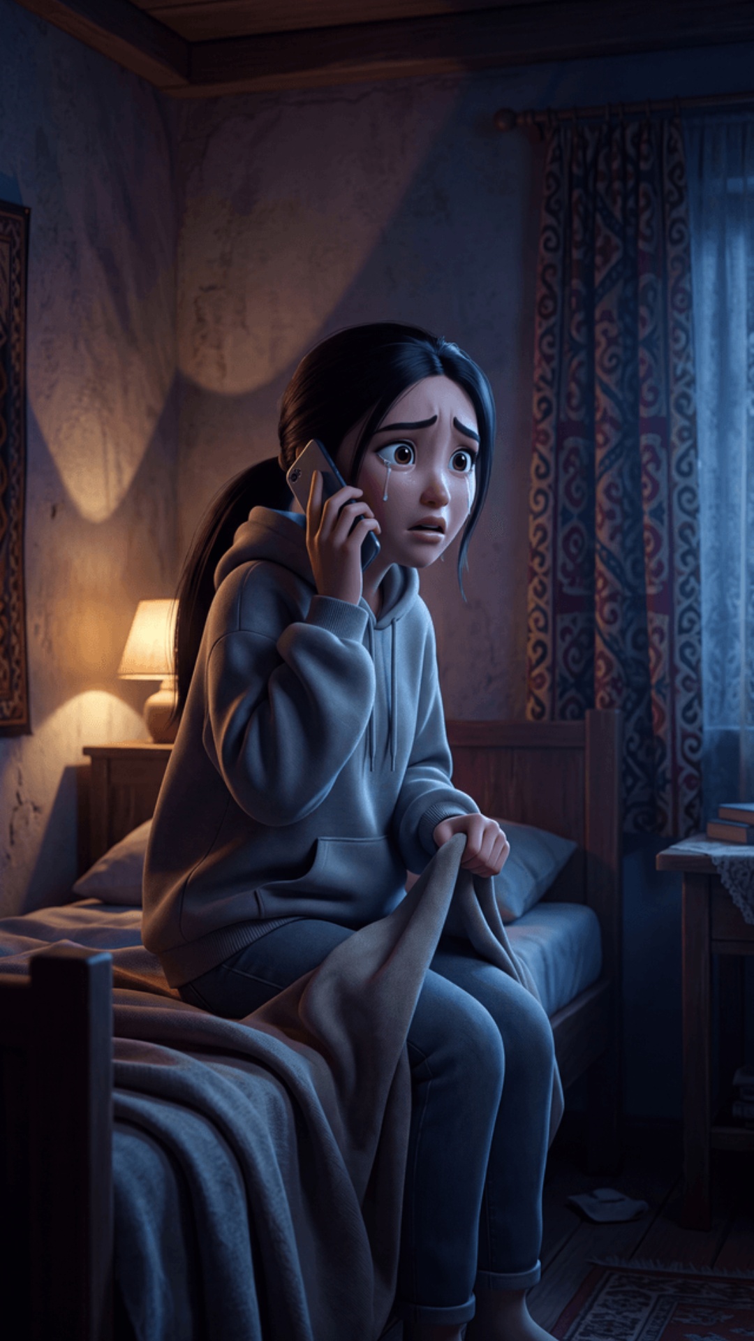 "ONLY Aizat speaks in this entire clip. Small dim room in a Kyrgyz village house at night, patter...