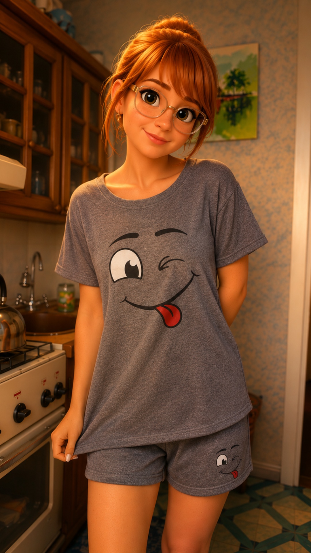 Pixar-quality 3D animation, vertical 9:16, cozy apartment kitchen, evening.

Character 1: woman, ...
