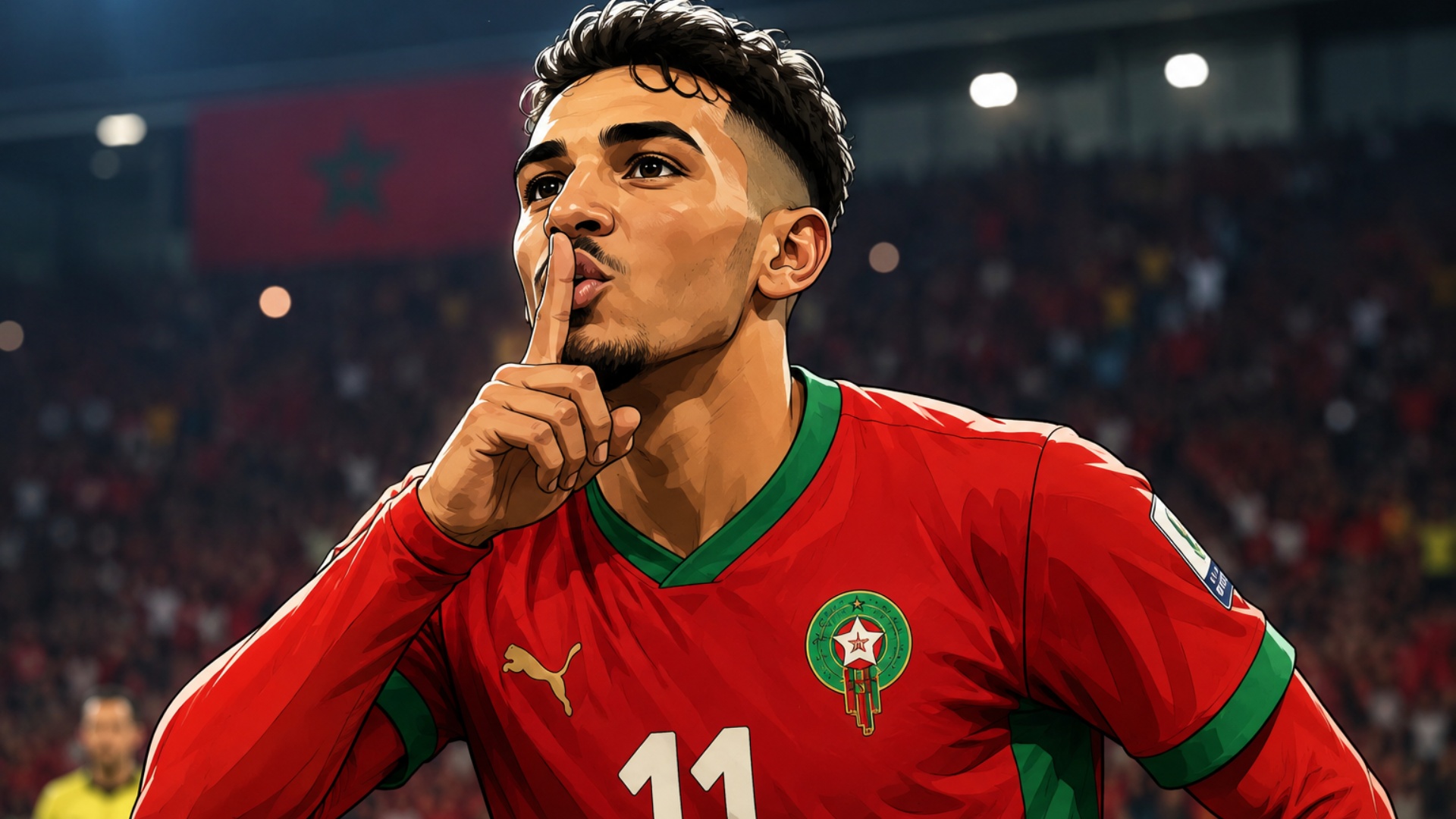 A cinematic football scene in a packed World Cup stadium at night. A Moroccan midfielder inspired...