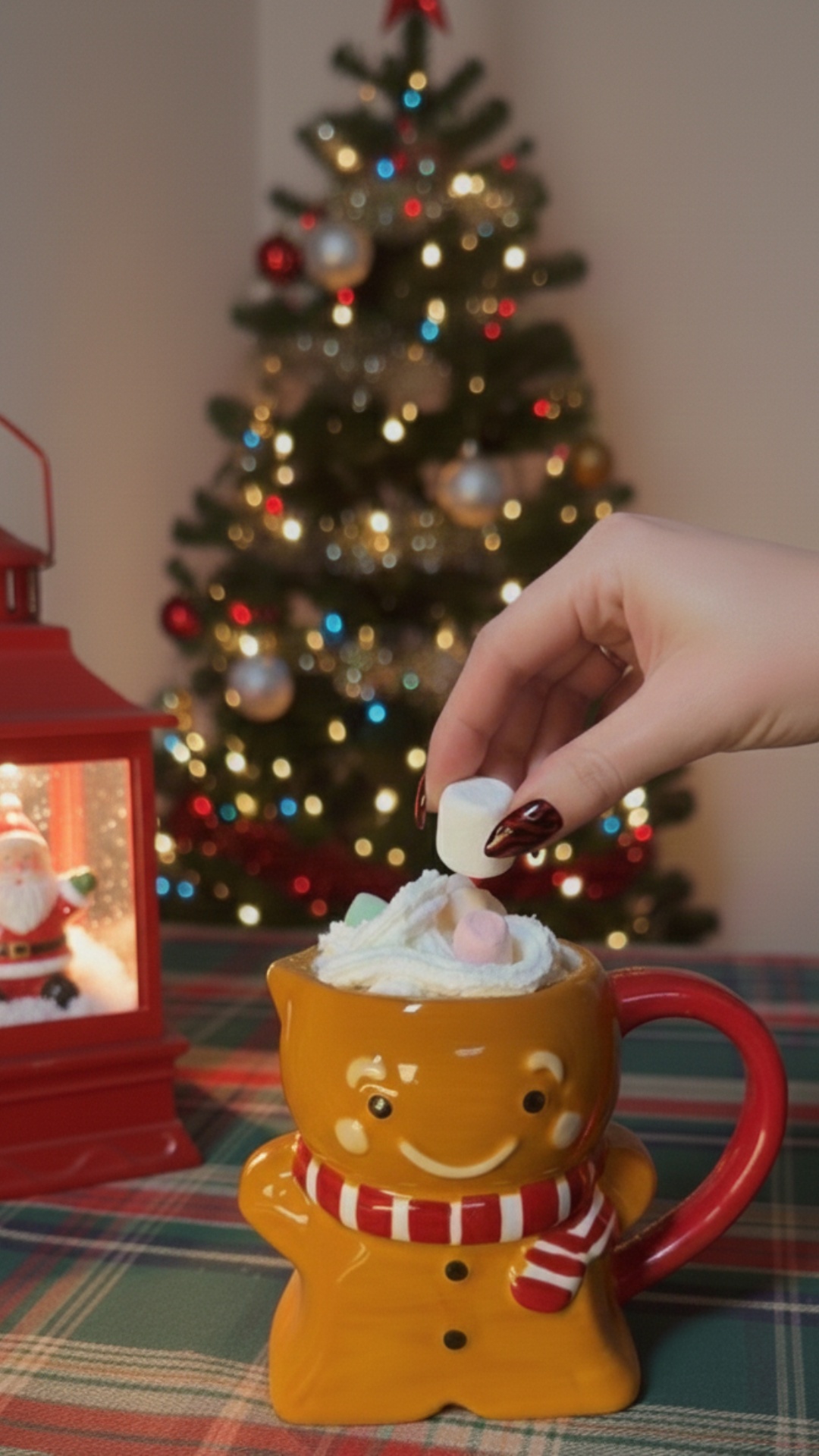 A cozy cinematic close-up video.
A human hand gently places a single white marshmallow into a cup...
