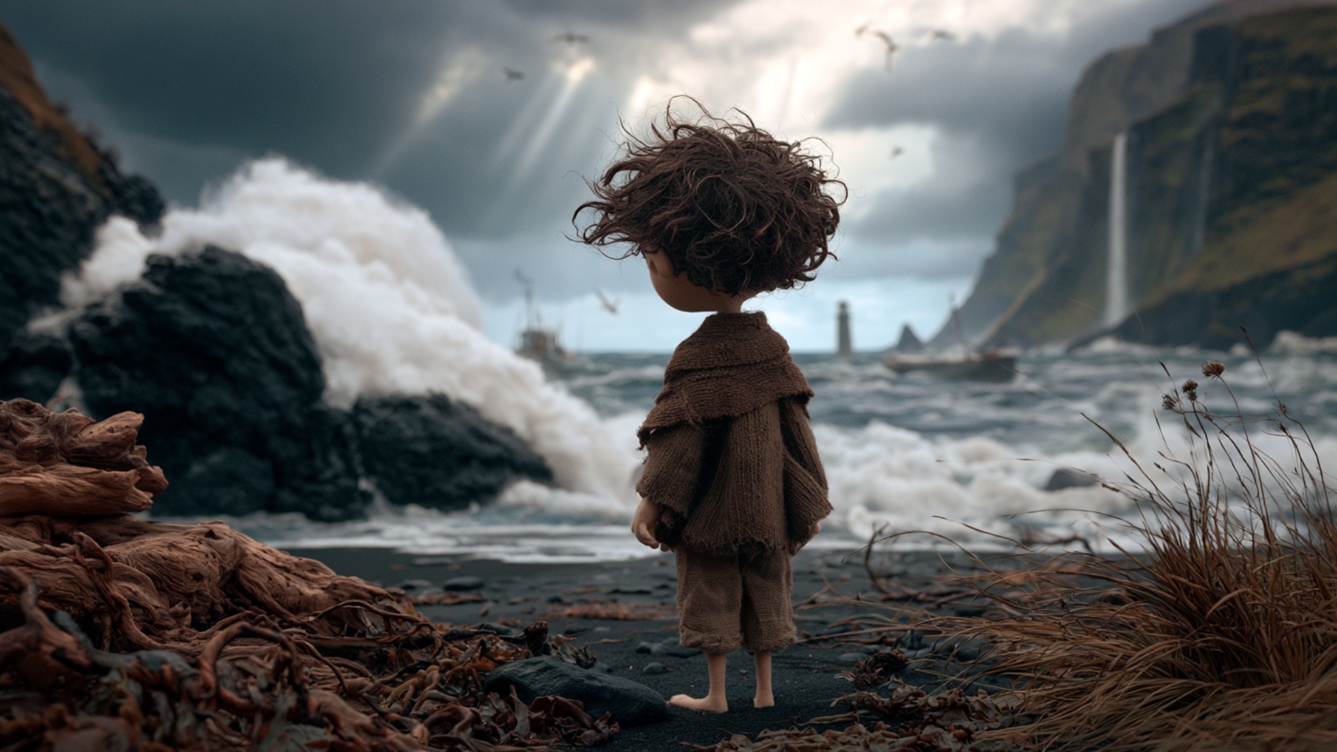 The small traveler remains facing the stormy ocean and slowly takes one careful step closer to th...