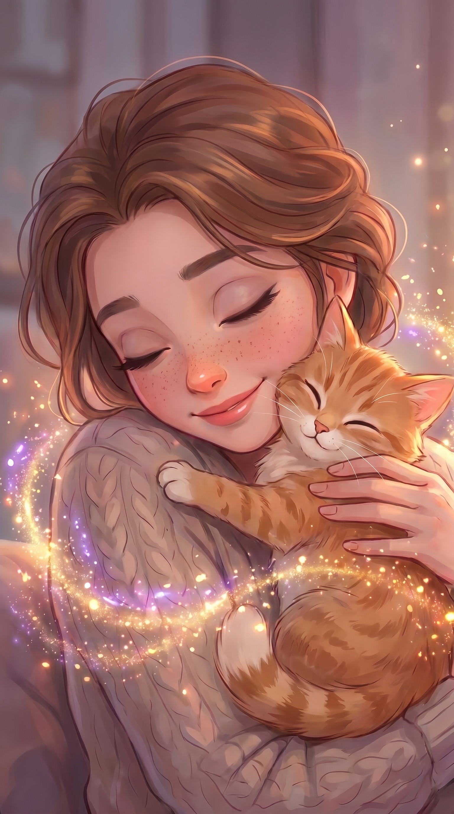 Prompt:
woman hugging cute cat, smiling softly, warm cozy lighting, disney emotional moment, aest...