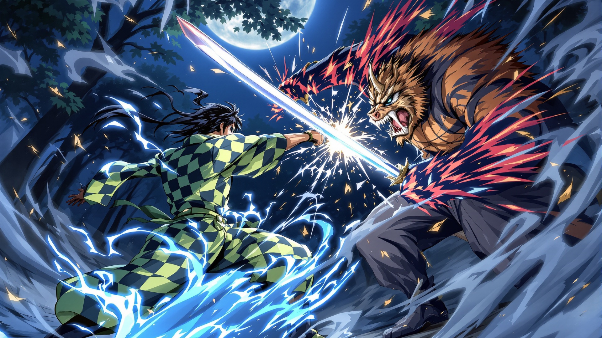 ​A hyper-dynamic, fluidly animated anime fight scene between Tanjiro and Inosuke in a moonlit for...
