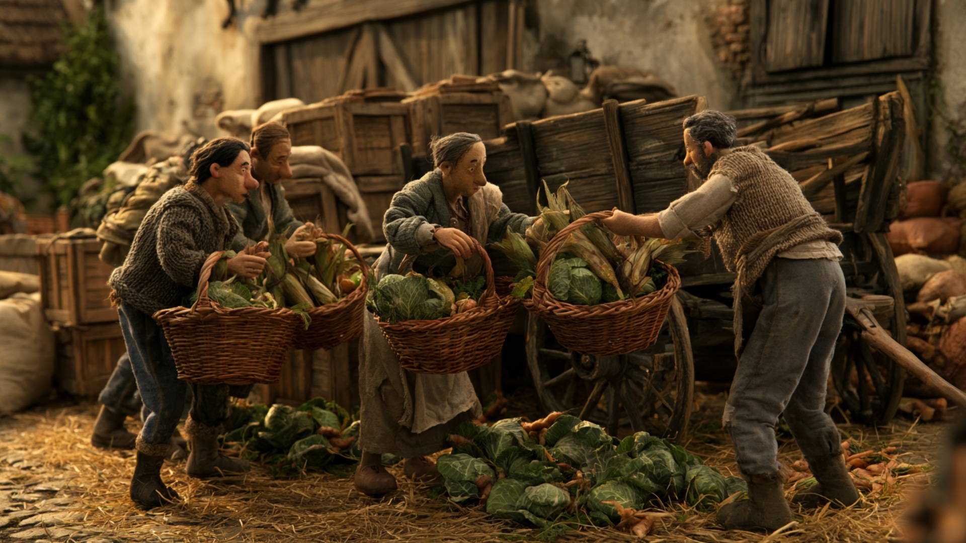 The worker beside the wagon lifts one full basket upward and sets its lower edge onto the wooden ...