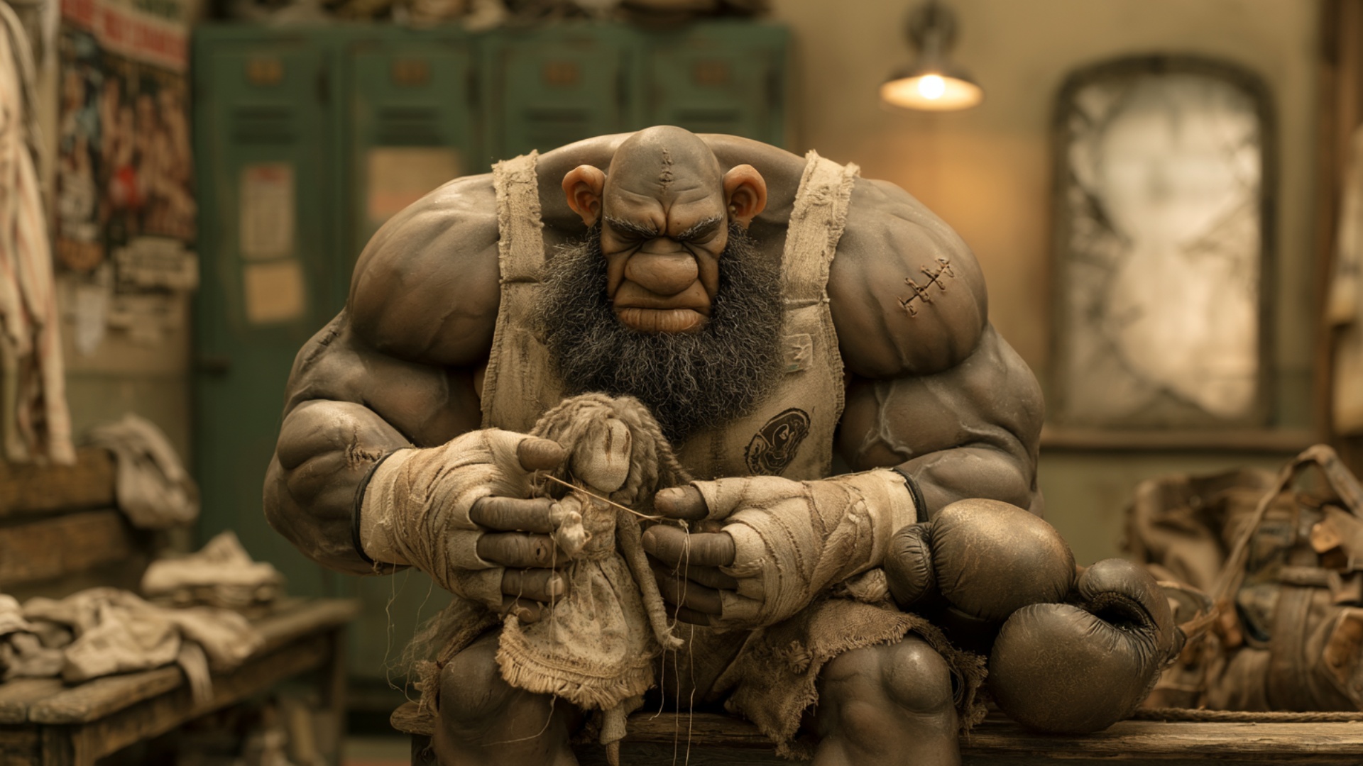 Single continuous 5-second cinematic shot. The boxer carefully pulls the needle and thread throug...