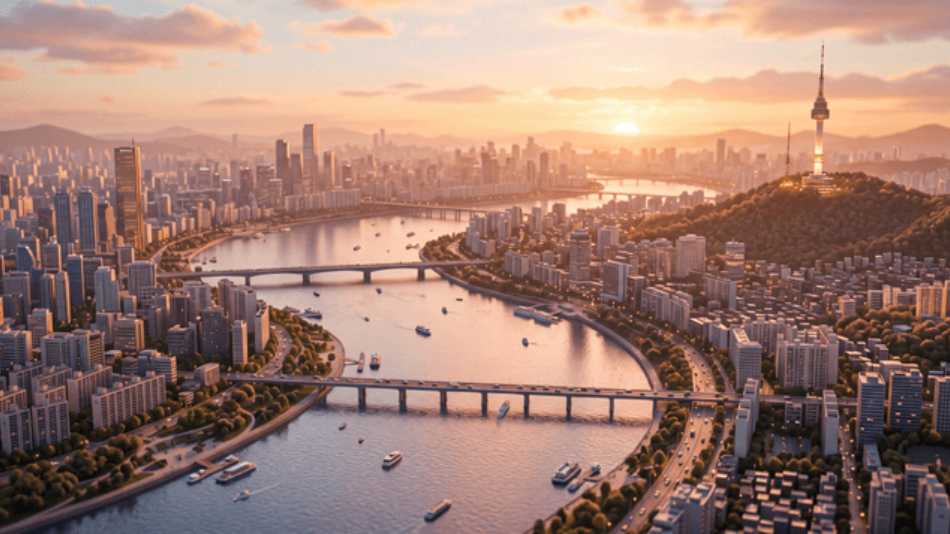 Image-to-video. Keep the exact same city, skyline and river from the input image unchanged. Slow ...