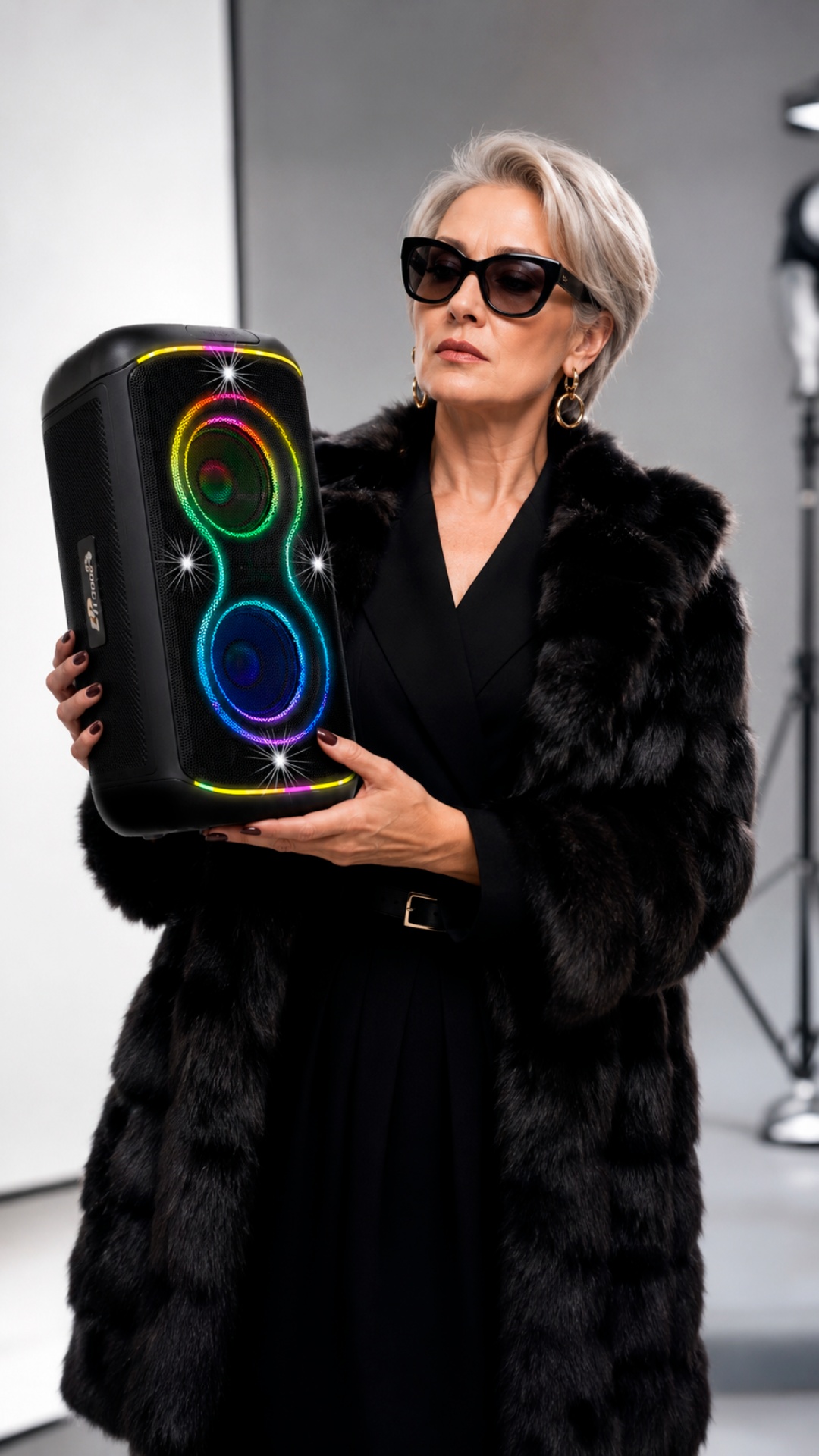 Strict older fashion boss woman carefully holds smaller Eltronic speaker like luxury accessory. R...
